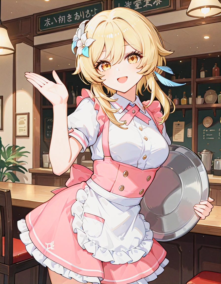 masterpiece, best quality, anime coloring, contrapposto, <lora:LECO_BadHands:1>, <lora:eyelashext_v10:0.6>, <lora:thick_eyelashes_illustrious_20K-000017:0.45>, thick eyelashes, lipgloss, [photo background::0.5], blurry foreground BREAK 1girl, lumine \(genshin impact\), waitress, puffy sleeves, short sleeves, pink suspender skirt, apron, hair ornament, looking at viewer, smile, open mouth, holding tray, indoors, restaurant, hand up, welcome, palm, <lora:welcome:0.6>
