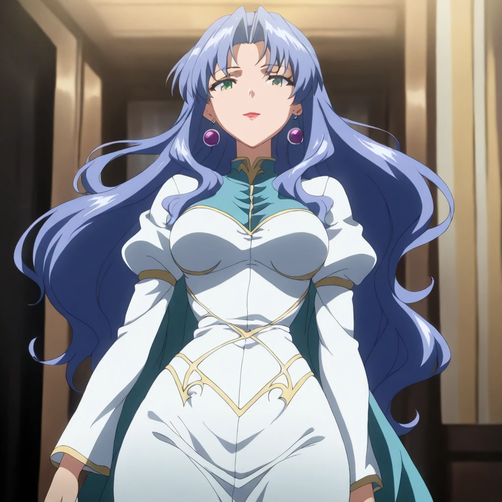 masterpiece,high score,great score,absurdres,anime coloring,looking at viewer,solo,cowboy_shot,<lora:Freya_ss ag4o:1> freyass, blue hair, long hair, green eyes, lipstick, earrings,dress,