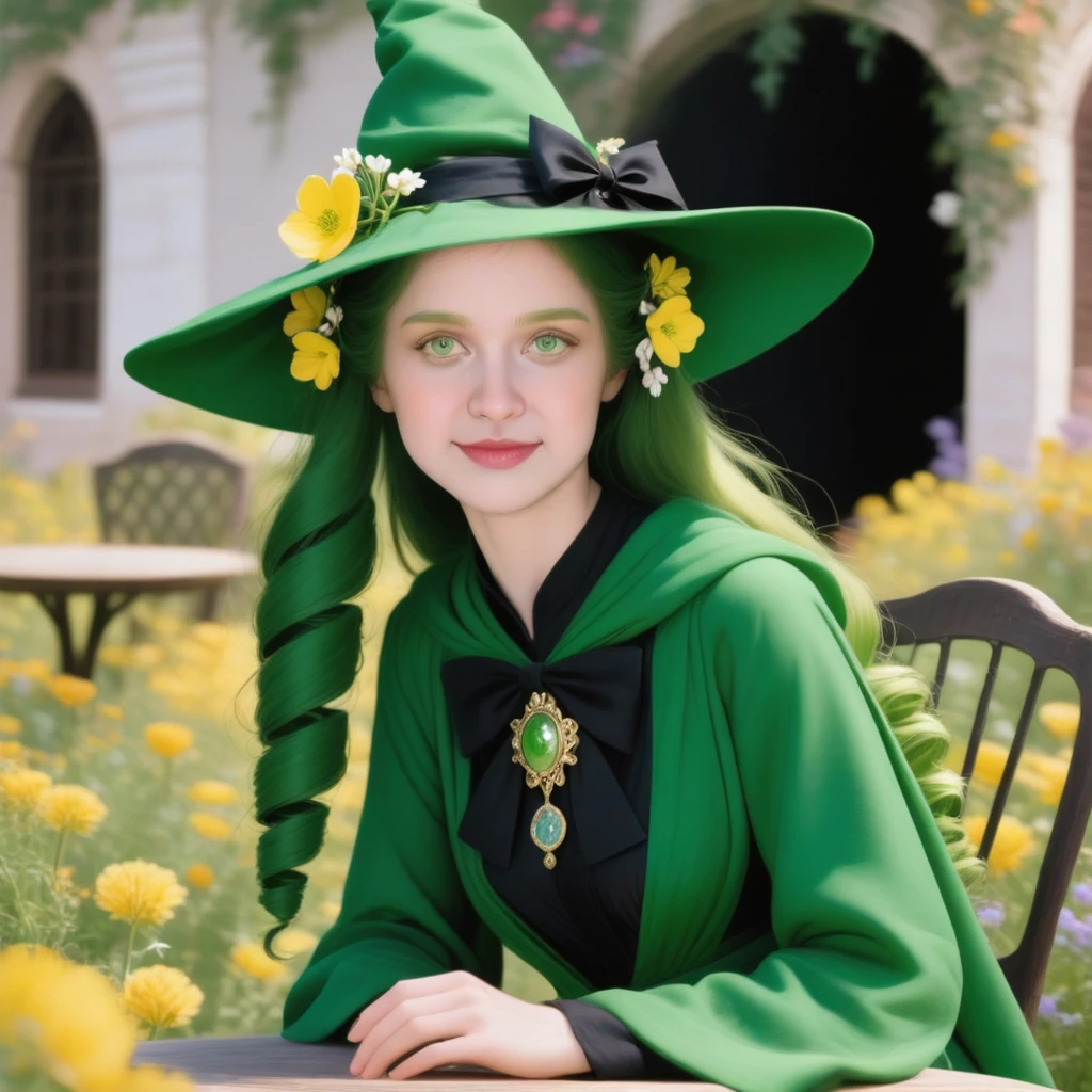 r0b1n_r34l_v1, breasts, 1girl, lips, nose, solo, green hair, green eyes, flower, witch hat, smile, looking at viewer, sitting, long sleeves, closed mouth, table, long hair, yellow flower, upper body, bow, hair flower, chair, black shirt, outdoors, hair ornament, black bow, drill hair, green robe, brooch