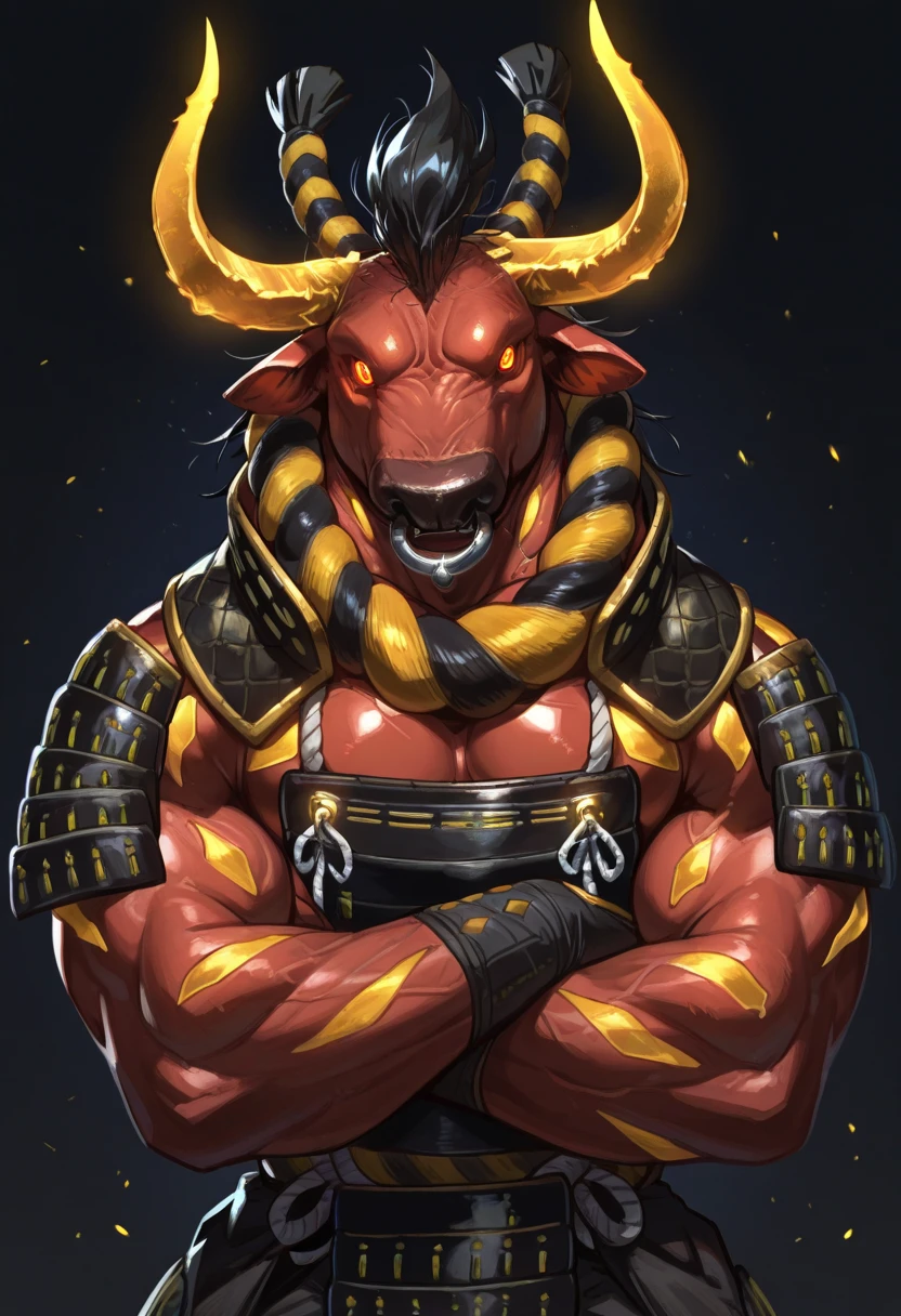 masterpiece, best quality, perfect quality, absurdres, newest, very aesthetic, very awa, 1boy, GozukiNIOH, bull, golden horns, furry male, undead, demon, solo, black hair, nose ring, red skin, yellow body pattern, monster, glowing red eyes, rope necklace, fangs, Japanese armor, glowing red eyes, arms crossed. muscular <lora:NOOB_vp1_detailer_by_volnovik_v1:.9> <lora:Gozuki_-_Nioh_2:1>