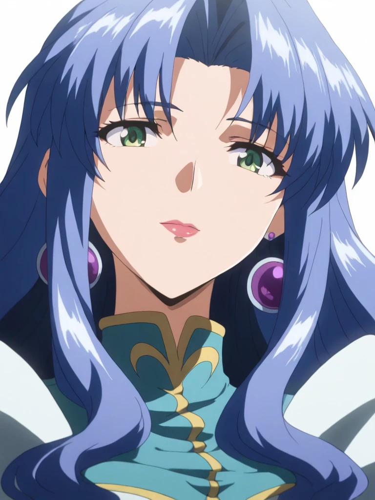 masterpiece,high score,great score,absurdres,anime coloring,looking at viewer,solo,portrait,white background,<lora:Freya_ss ag4o:1> freyass, blue hair, long hair, green eyes, lipstick, earrings,dress,