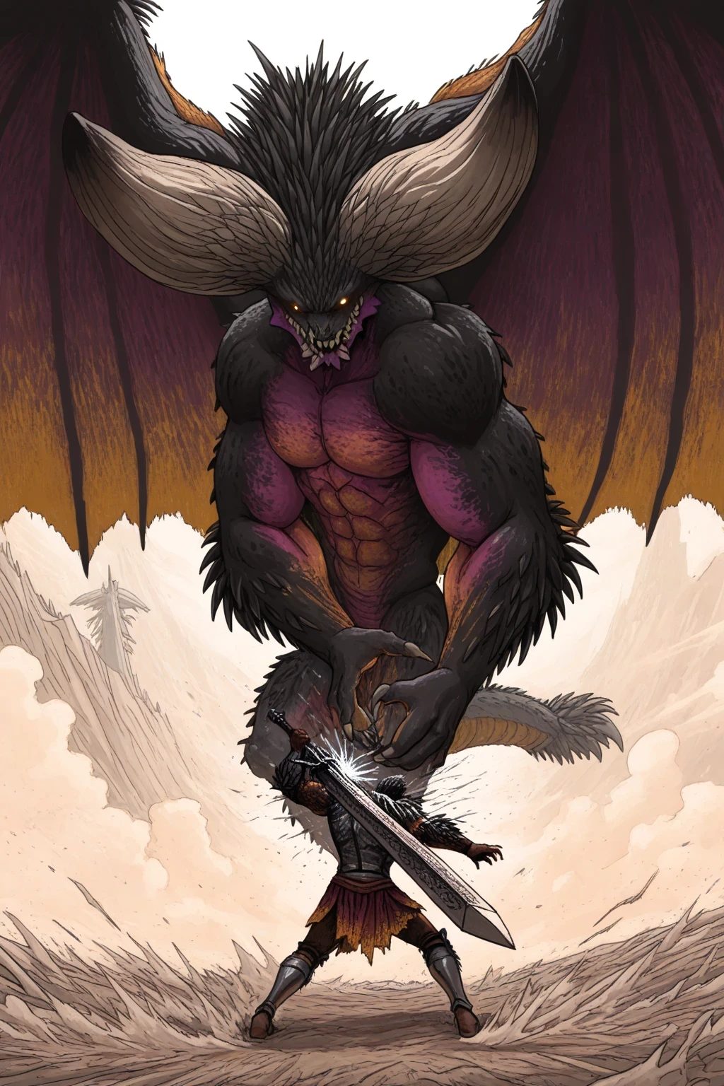 masterpiece,amazing quality,best quality,ultra-detailed,8K,illustration,CG, ultra-detailed-eyes, detailed background, Turf war , Nergigante, elder dragon, black spikes, red wings, terrifying presence, volcanic battlefield, (humanoid hunter:1.2), armored warrior, wielding greatsword, human proportions, epic duel, dynamic standoff, cinematic composition, sparks, dust clouds, Elden Ring style, ultra-detailed, dark fantasy, dramatic lighting
