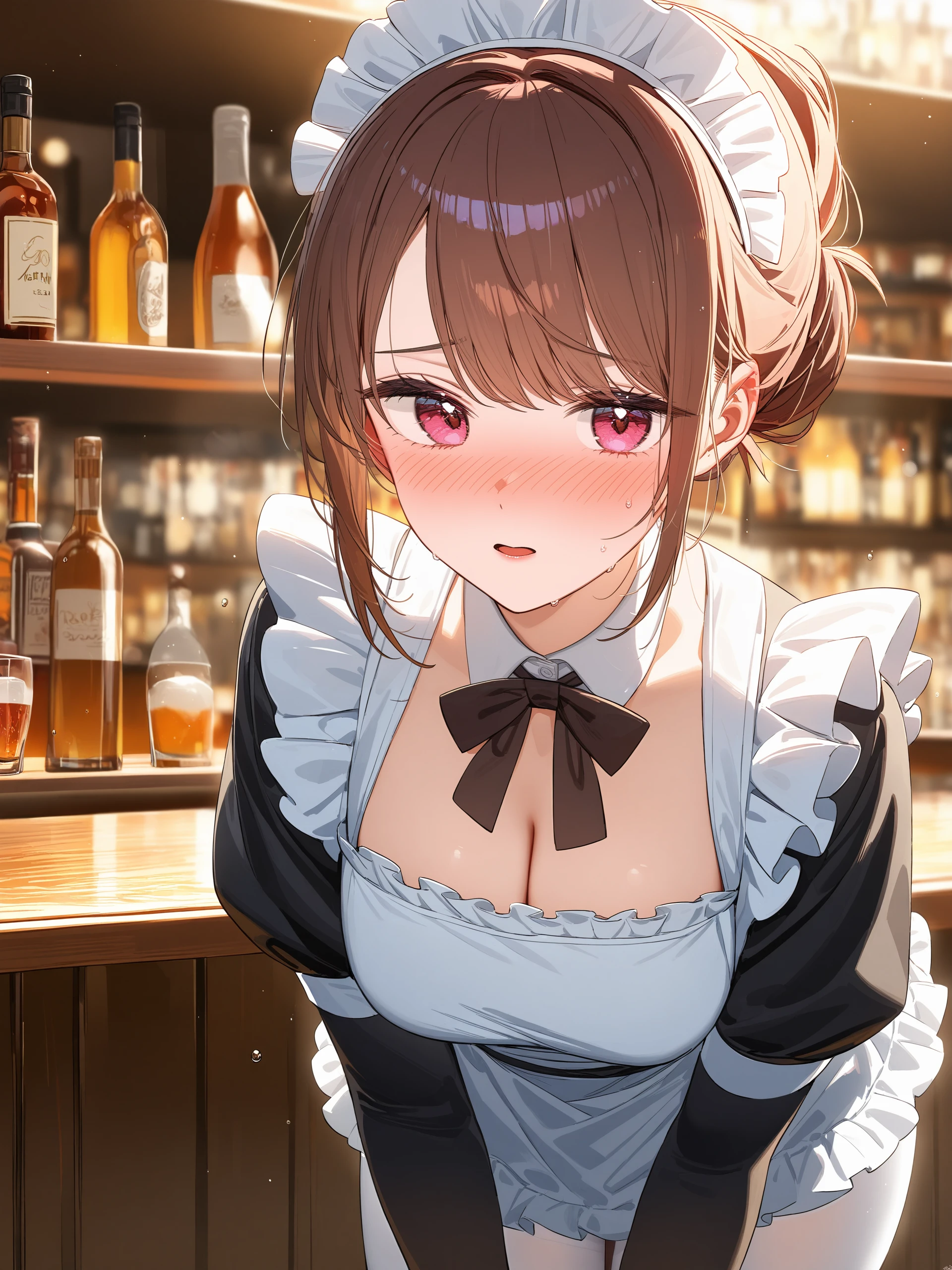 illustration, incredibly absurdres, ultra detailed, masterpiece, best quality, perfect features, intricate details, ray tracing, very aesthetic,  <lora:Char-SuperNoUraDeYaniSuuFutari-Yamada-V1-XL:0.9:hr=0.6>, 1girl, yamada, solo, lipstick, folded ponytail, maid, maid headdress, maid apron, embarrassed, white pantyhose, open mouth, blush, parted lips, looking at viewer, cowboy shot, bar \(place\), indoors, depth of field