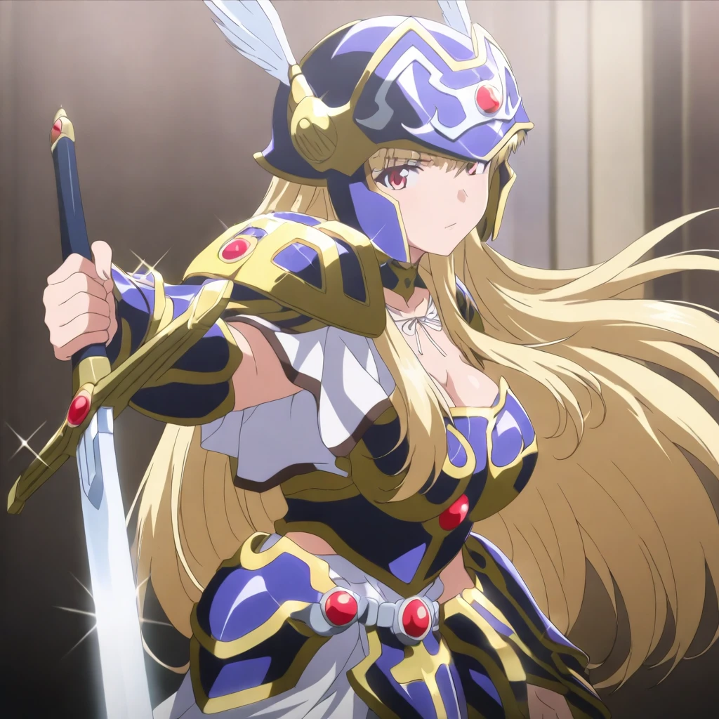 masterpiece,high score,great score,absurdres,anime coloring,looking at viewer,solo,from side,<lora:Valkyrie_ss ag4o:1> valkyriess, blonde hair, long hair, red eyes,helmet,armor,cleavage,armored dress,holding sword,