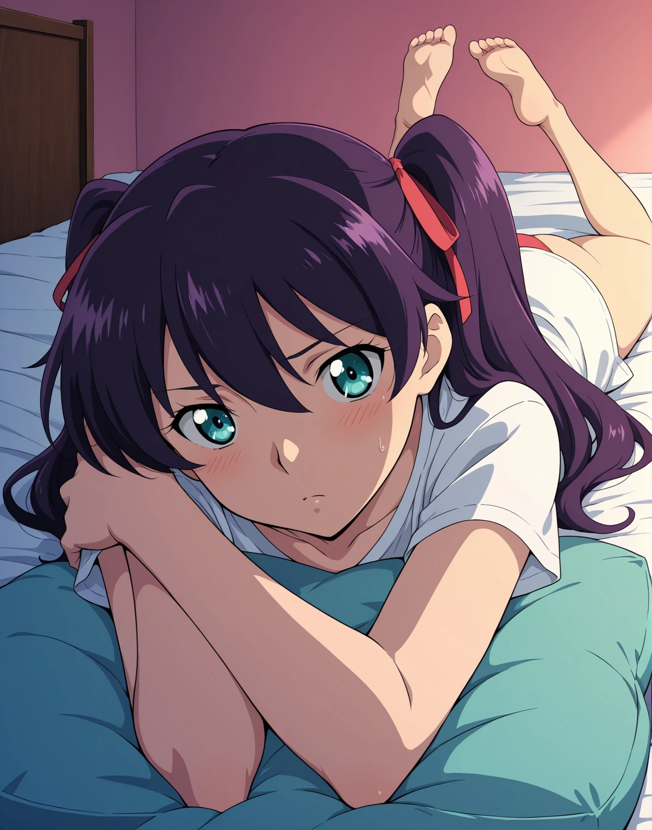 masterpiece, best quality, source_anime, 1girl, solo, shirt, skit, full body, lying, bed,