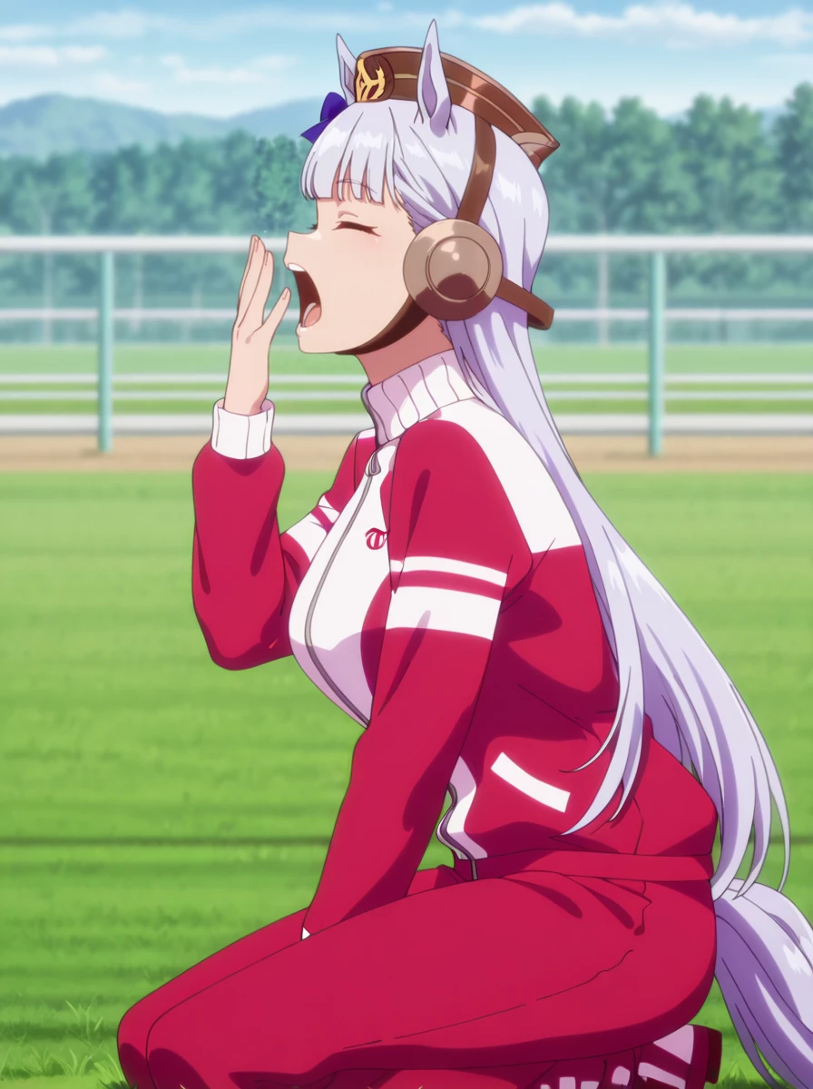 masterpiece, best quality, amazing quality, very aesthetic, absurdres, newest, anime screenshot, anime coloring shiny skin,     <lora:Goldshipanime:1>horse ears, long hair, animal ears, horse girl, 1girl, solo, bangs, goldshiptraining long sleeves, from side, yawning,  closed eyes,  kneeling,  racetrack