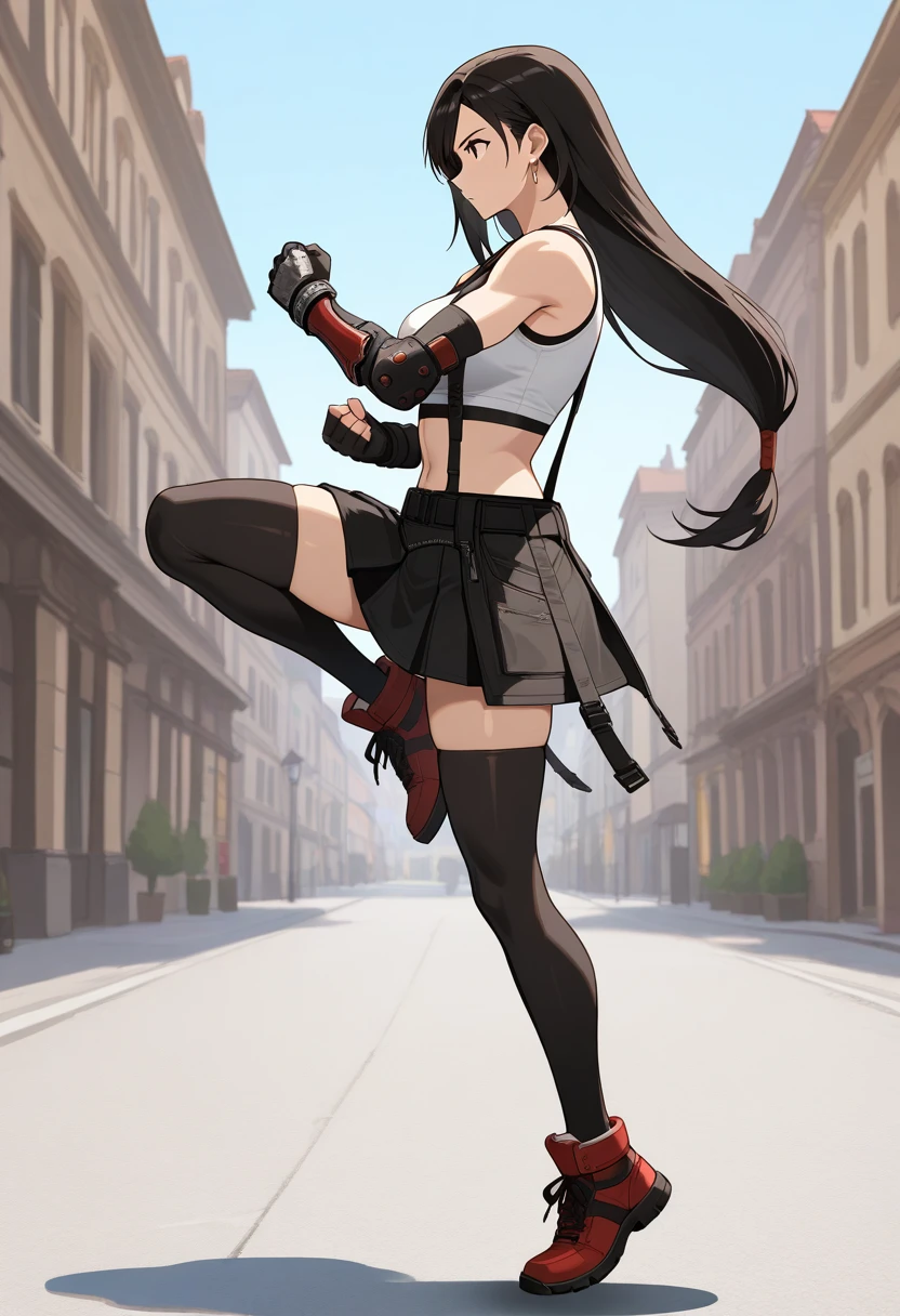 ragingdemonflip, clenched hands, knee up, floating, from side, levitating, levitation, 1girl, solo, tfalckhrt, OG, long hair, straight hair, low-tied long hair, swept bangs, dangle earrings, tank top, Sports bra, suspenders, bare shoulders, single arm guards, single elbow pads, elbow gloves, fingerless gloves, belt, midriff, suspender skirt, thighhighs, shoes, outdoors, italian city, serious, full body,