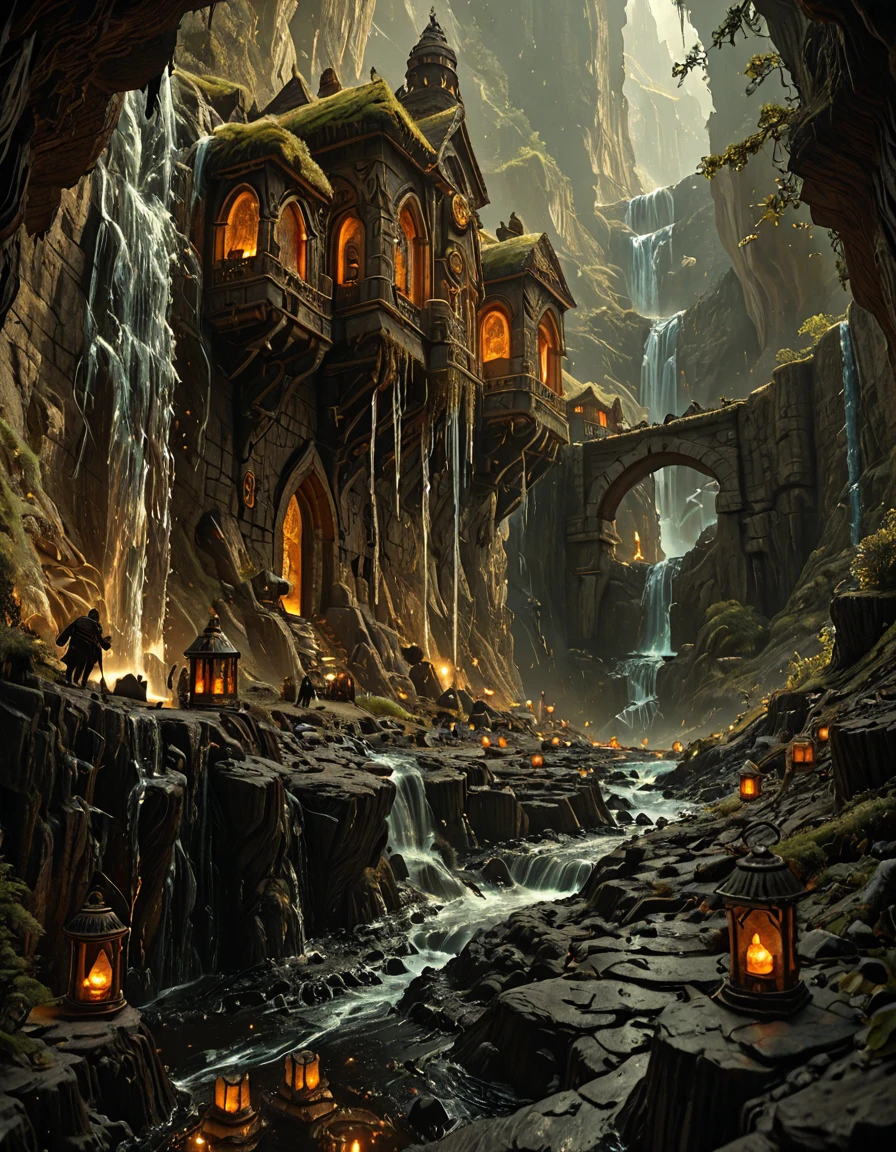 <lora:MW_Dwarven_betaill:1> stone bridges spanning across deep chasms, dwarves walking with lanterns, waterfalls cascading into the abyss, homes carved into cliff sides, glowing windows, epic scale, cinematic perspective, fantasy underground metropolis, dwarven engineering marvel, mist rising from below