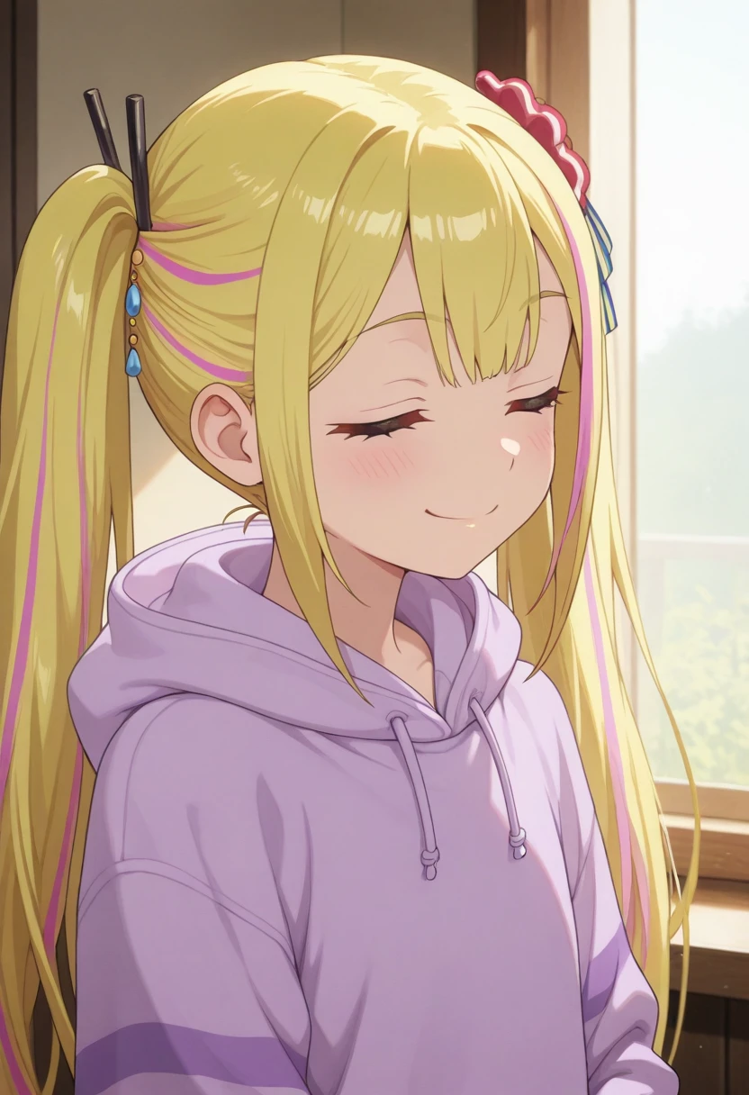 masterpiece,best quality,amazing quality, sara da odin, pink-blonde hair, long hair, 1girl, solo, streaked hair, closed eyes, twintails, hood, smile, hoodie, hair ornament, closed mouth