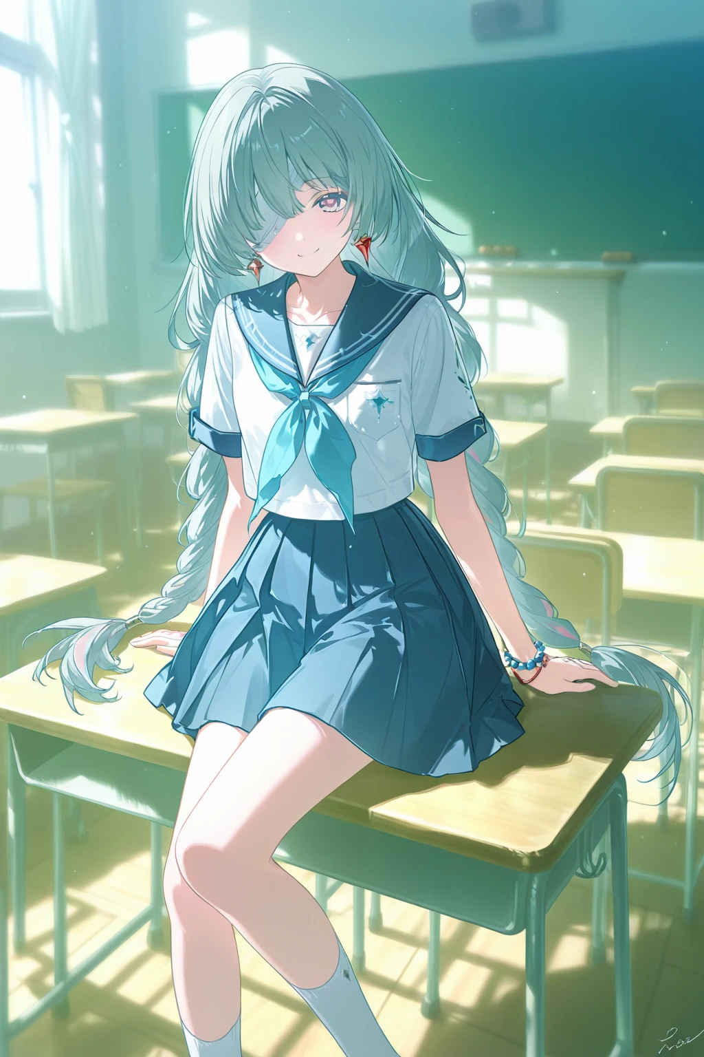 phrolova(wuthering waves),1girl,solo,long hair,braid,twin braids,green hair,earrings,
bandage over one eye,eyepatch,
full body,
skirt,school uniform,serafuku,jewelry,blue skirt,blue sailor collar,sailor collar,pleated skirt,short sleeves,white shirt,shirt,bracelet,neckerchief,beads,earrings,bead bracelet,
sitting,blush,looking at viewer,chalkboard,closed mouth,desk,feet out of frame,classroom,indoors,sitting on desk,on desk,school desk,very long hair,smile,hand up,signature,blurry background,
<lora:phrolova:1>,