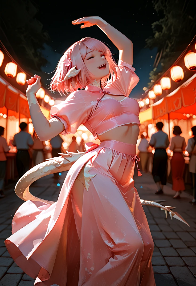 sarnai, au_ra, dancing_pose, flowing_skirt, festival_background, lanterns, night, joyful_expression, dynamic_pose, motion_blur