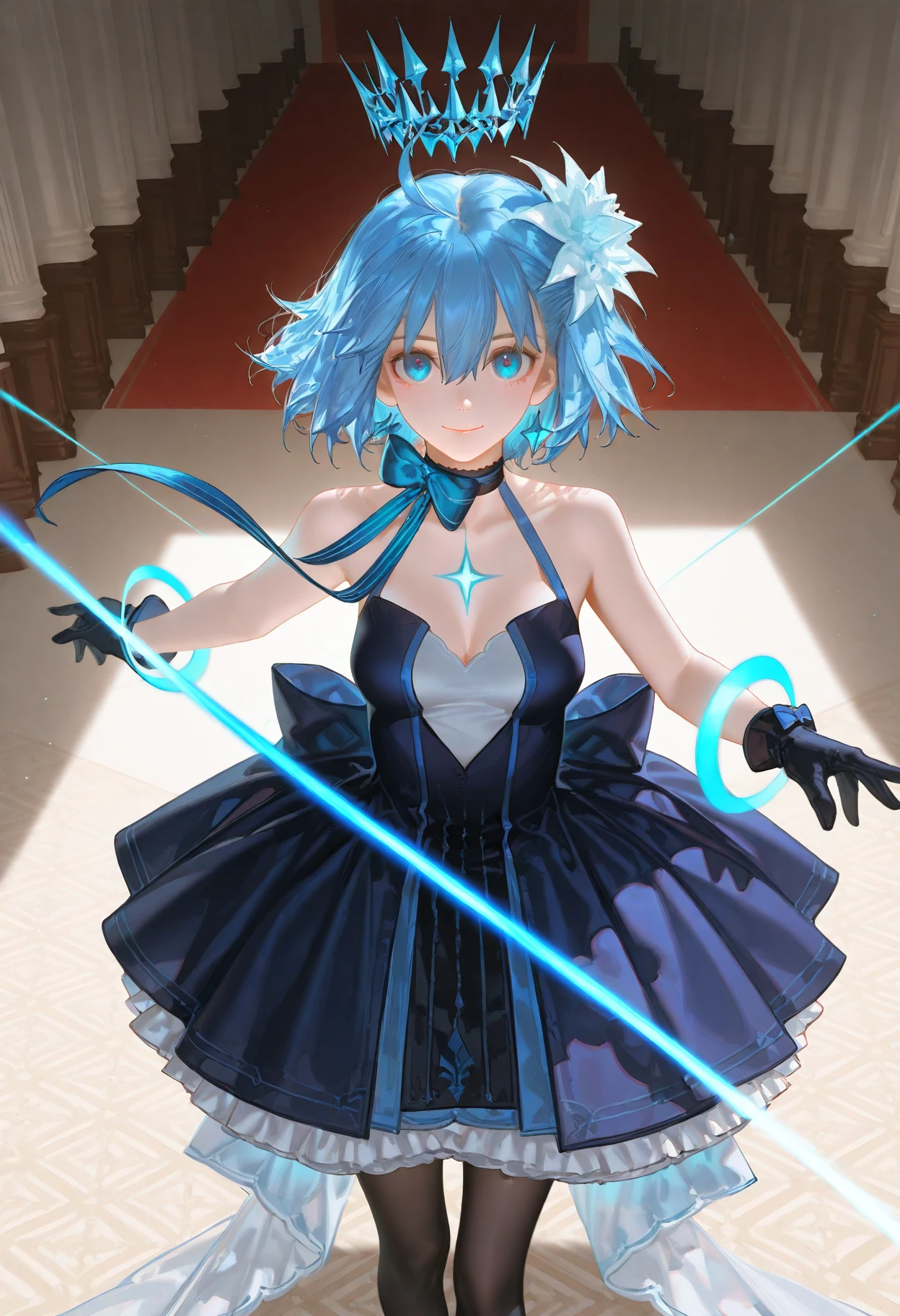very awa,very aesthetic,masterpiece,huge filesize,best quality,newest,[[4 fingers]],4toes,
highres,[[[artist:wlop]]],[artist:ask(askzy)],(tianliang duohe fangdongye:0.5),(fkey:0.5),(quasarcake:0.8),[[artist:ciloranko]],[[wanke]],
((solo:1.5)),1girl,<lora:Age-V2:2>,
photorealistic,photo background,
<lora:starciel (1):1>,starciel,blue hair,short hair,ahoge,hair between eyes,blue eyes,bare shoulders,blue dress,black dress,sleeveless dress,clothing cutout,headwear,cleavage cutout,frills,black gloves,gloves,black pantyhose,choker,hair flower,blue bow,bow,ribbon,
standing,front view,from_above,cowboy_shot,(looking_at_viewer:1.2),dynamic pose,smile,bracelet,