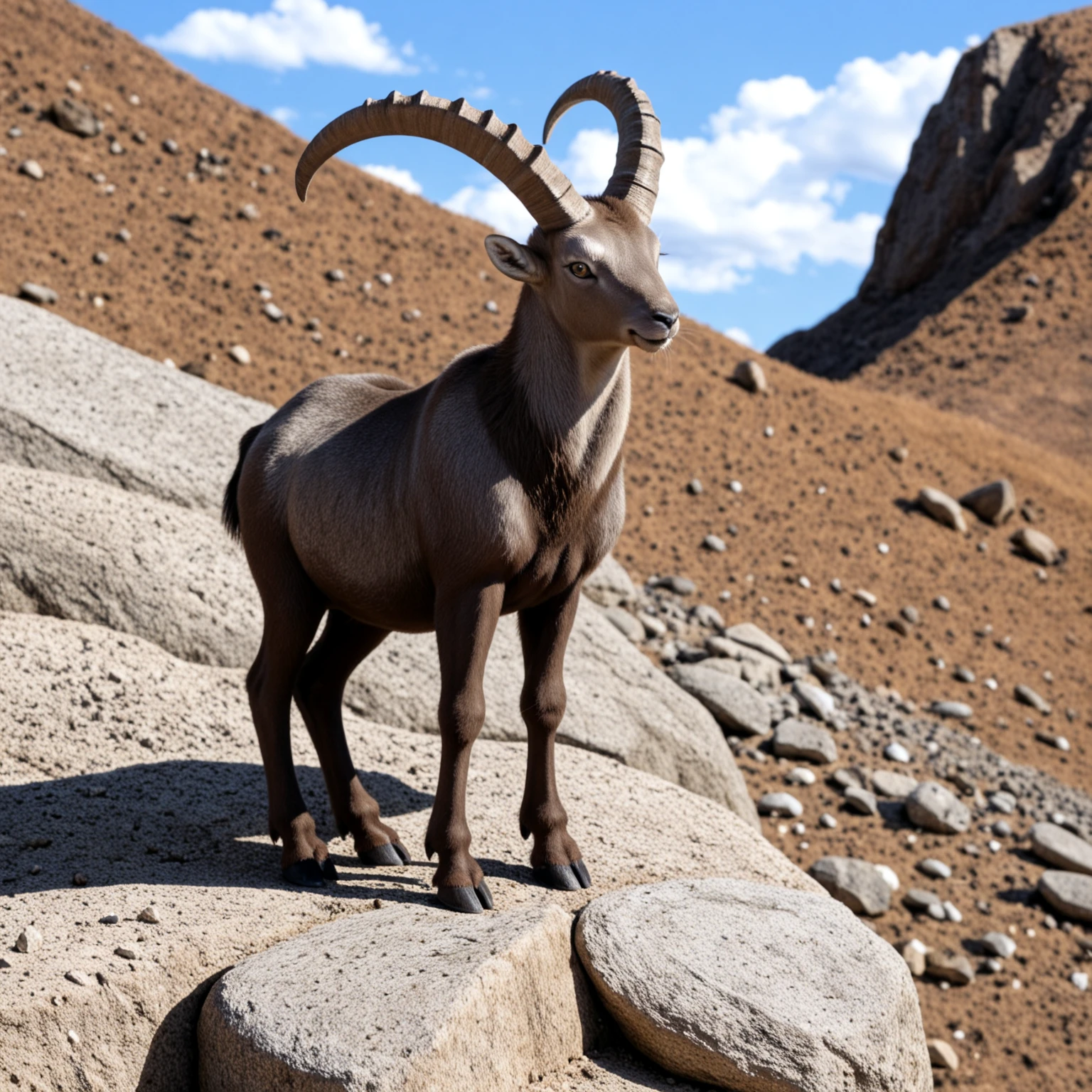 best quality, masterpiece,,(realistic, photo-realism), ibex goat, no humans, outdoors, sky, horns, cloud, day, animal, animal focus, blue sky, rock, feral, grey fur, realistic fur, gray fur <lora:CapraIbexNoobEPS1-1:1>