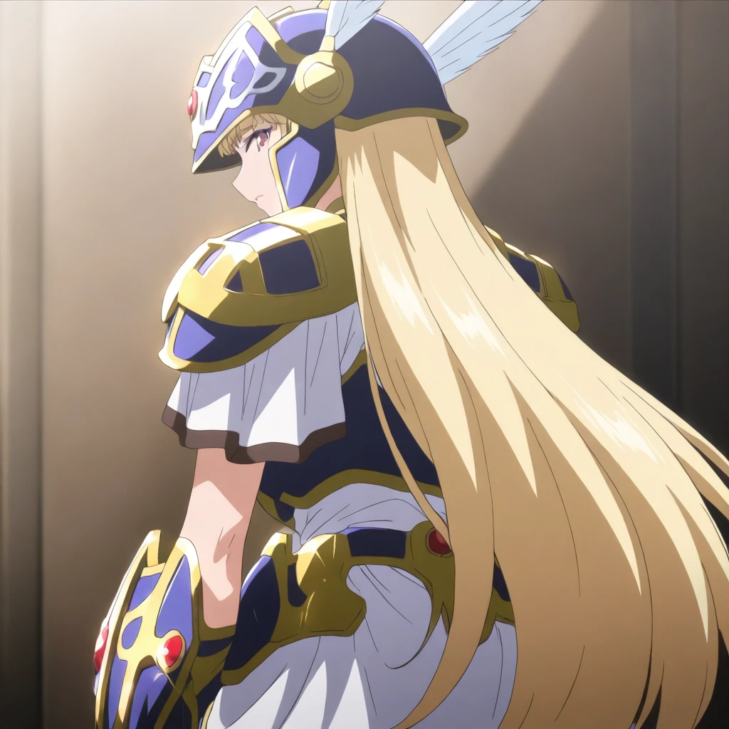 masterpiece,high score,great score,absurdres,anime coloring,looking at viewer,solo,from back,<lora:Valkyrie_ss ag4o:1> valkyriess, blonde hair, long hair, red eyes,helmet,armor,armored dress,