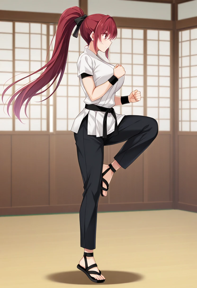 ragingdemonflip, clenched hands, knee up, floating, from side, levitating, levitation, 1girl, solo, rienikaidokzn, red hair, very long hair, high ponytail, hair ribbon, black ribbon, red eyes, large breasts, shirt, short sleeves, pants, white dougi, black sash, black wristband, toeless footwear, indoors, dojo, serious, full body,