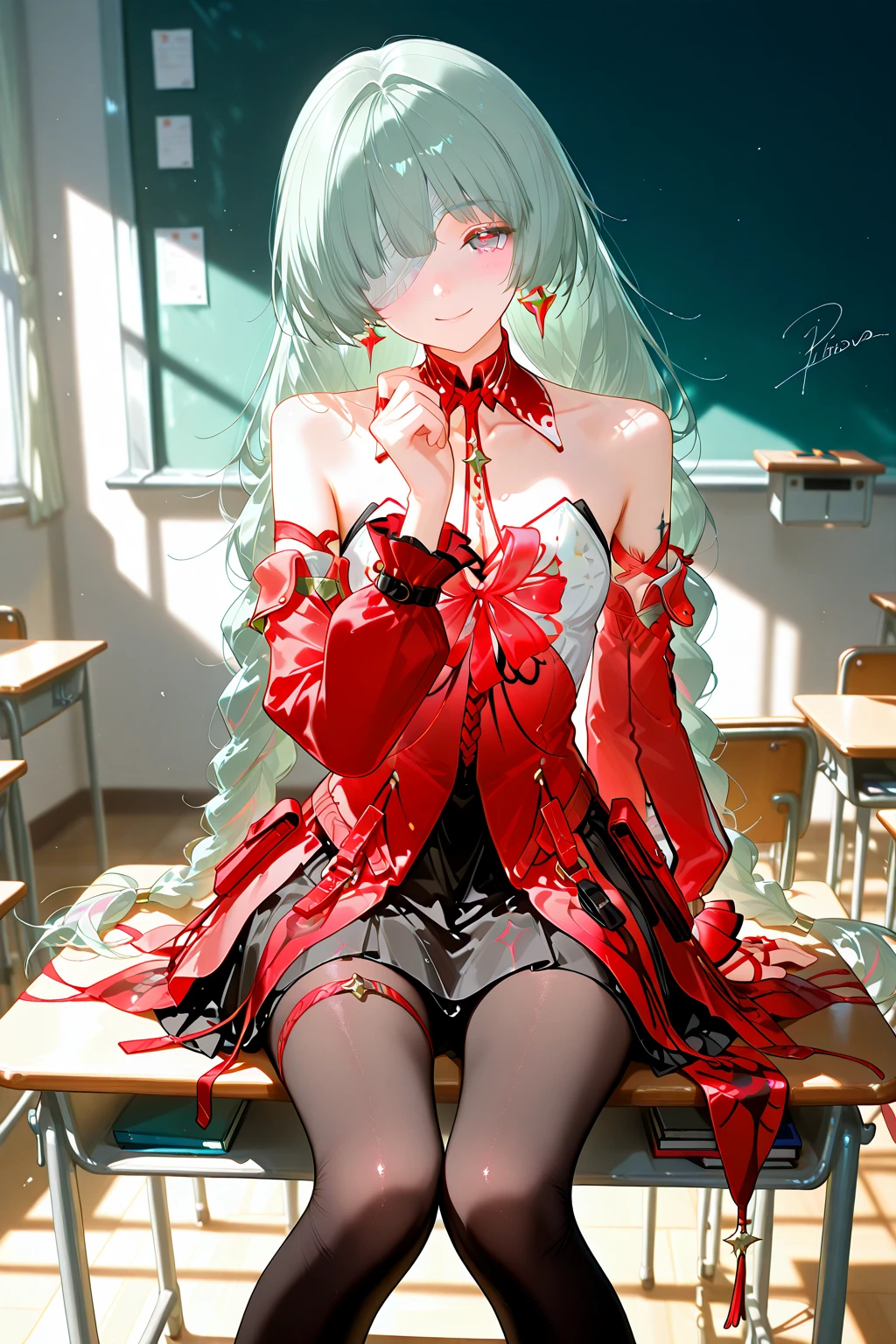 phrolova(wuthering waves),1girl,solo,long hair,braid,twin braids,green hair,earrings,
bandage over one eye,eyepatch,
full body,
dress,pantyhose,jewelry,bare shoulders,red dress,detached sleeves,black pantyhose,
sitting,blush,looking at viewer,chalkboard,closed mouth,desk,feet out of frame,classroom,indoors,sitting on desk,on desk,school desk,very long hair,smile,hand up,signature,blurry background,
<lora:phrolova:1>,