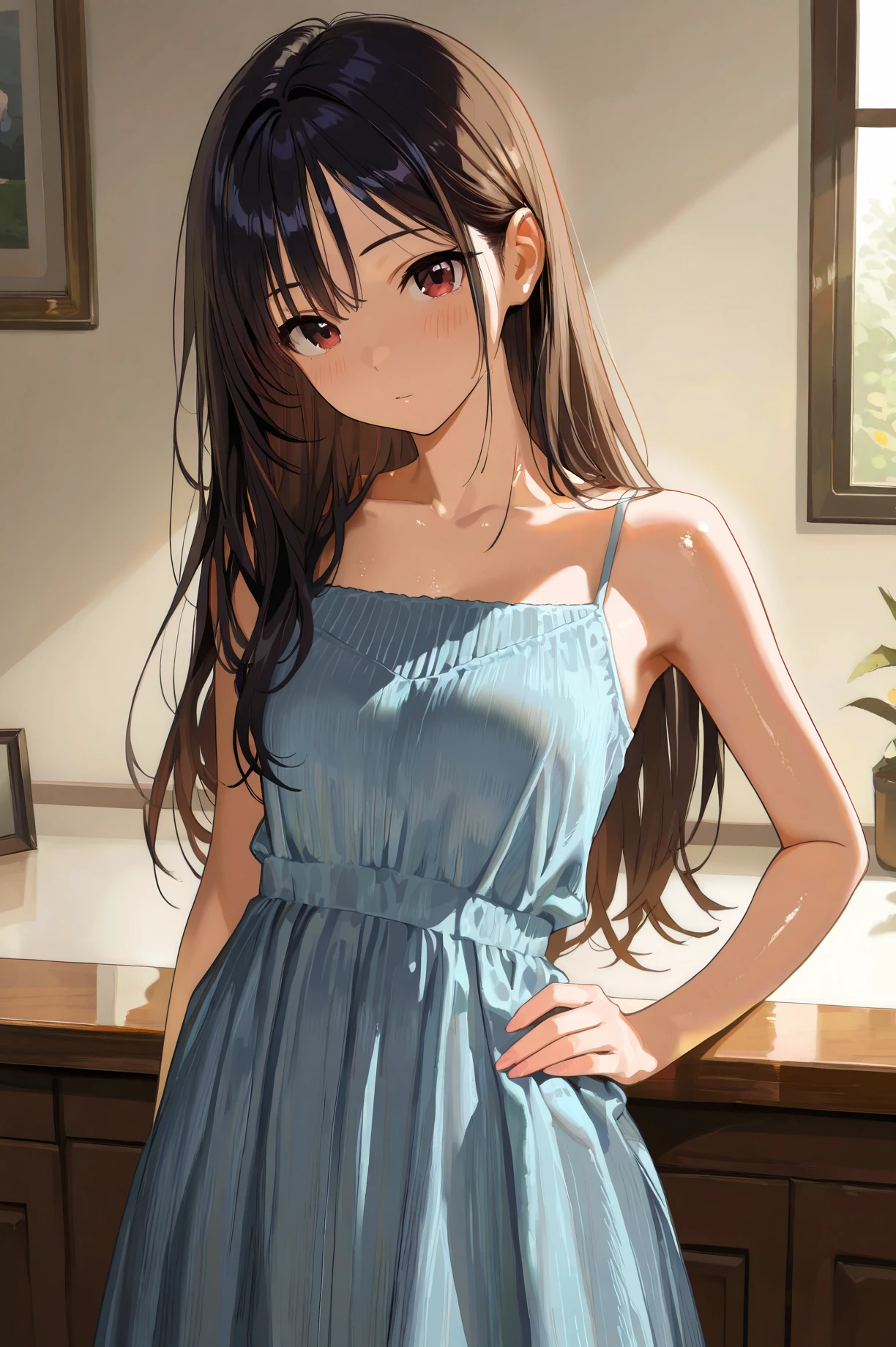 masterpiece,amazing quality,best quality,newest,absurdres,highres,32K,CG,illustration,real skin,shiny hair,safe,detailed,<lora:camisole dress_noobai_V1.0:1>,jyoji fuku,dress,