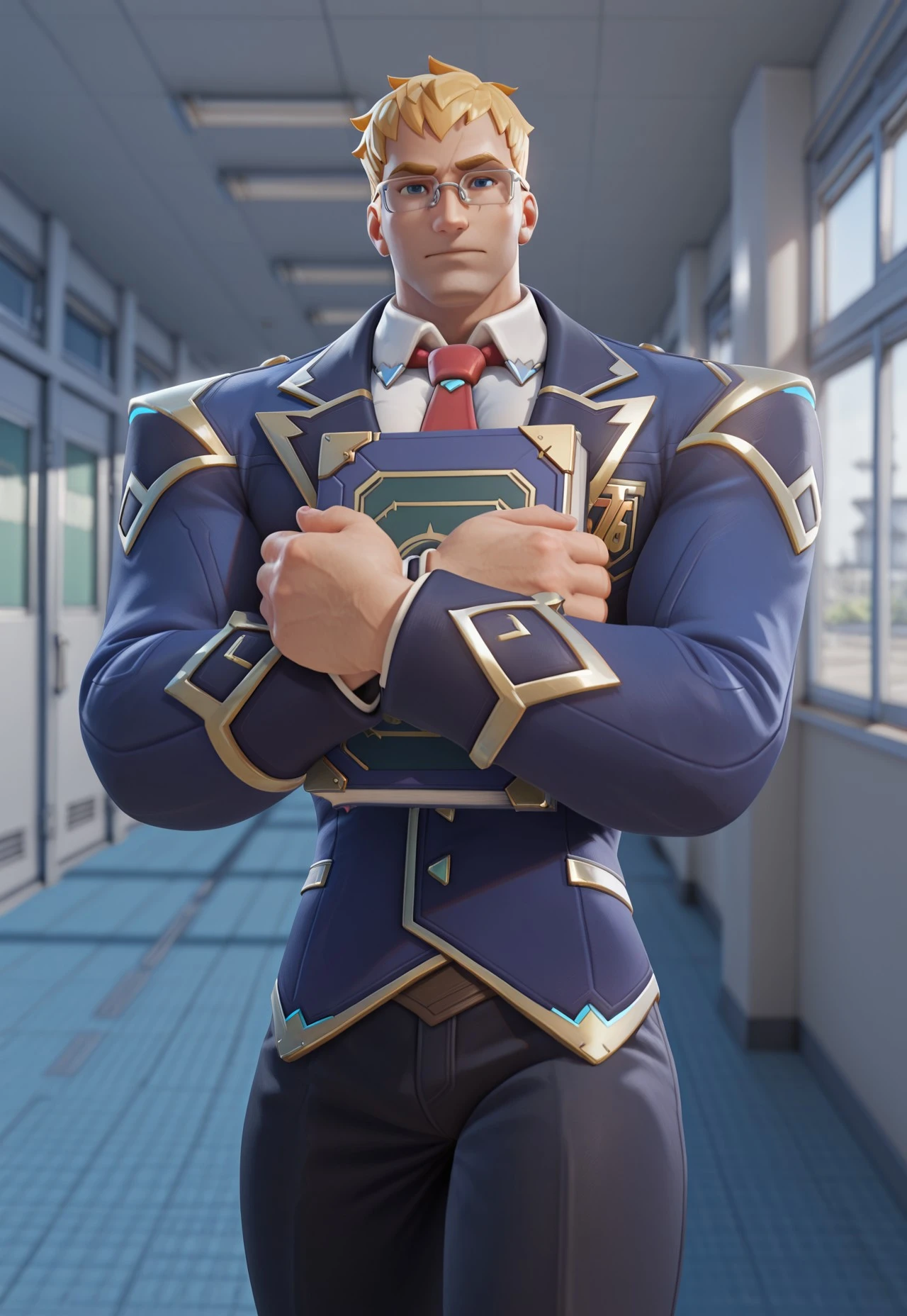 3d, realistic, (1boy, soldier: 76 \(class president: 76\) \(overwatch\), jackm, short hair, blonde hair, blue eyes, pixie cut, bangs, smooth face), (masculine, muscular, bara, himbofication, broad shoulders, big arms, large pectorals, small waist, v-taper, thick thighs, curvy body, (eyeglasses, blue jacket, white shirt, red necktie, black pant), school hallway, school locker, holding a book, hugging a book, looking at viewer, very awa, masterpiece, best quality, absurdres, detailed background, newest, perfect quality, intricate details