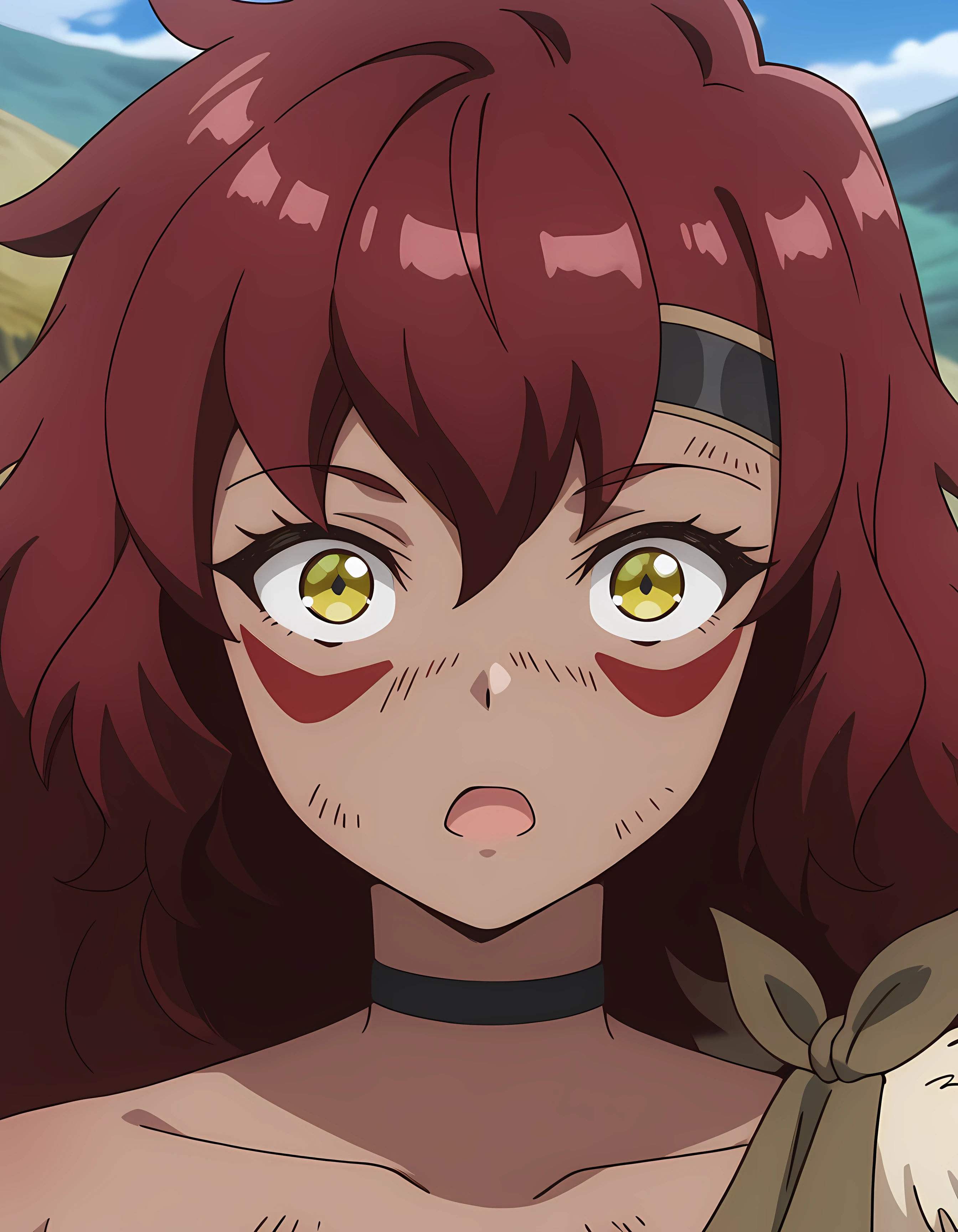 best quality, masterpiece, outdoors,
Sus0r4, 1girl, dark skin, tribal, red hair, very long hair, messy hair, hair between eyes, yellow eyes, red facepaint, black headband, collarbone,
black choker, fur, rags, brown crop top, fur trim crop top, single off shoulder, 
looking at viewer, surprised, open mouth,
dirty face,
standing, close-up, face focus, portrait,
 <lora:Susora:1>