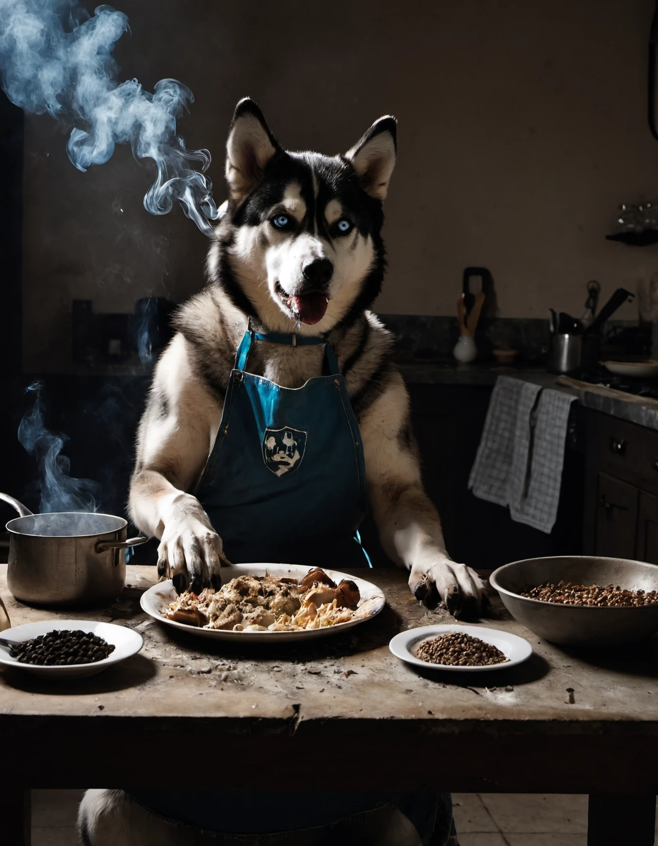 table, a rendition of a of a feral husky wearing an apron and he has a confused expression in front of dishes and cooking dog food with his clumsy paws while the, (food is charred and smoking:1.2), charred fur, detailed, high resolution, concept art, oil panting, digital art, cinematic, dramatic light, low saturation, lowkey, Low Contrast, War Photography