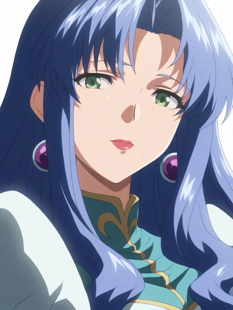 masterpiece,high score,great score,absurdres,anime coloring,looking at viewer,solo,upper_body,portrait,white background,<lora:Freya_ss ag4o:1> freyass, blue hair, long hair, green eyes, lipstick, earrings,dress,