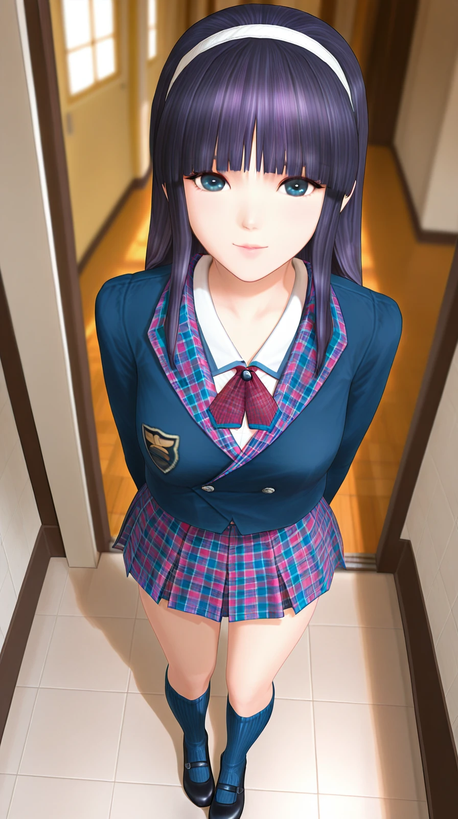 masterpiece,best quality,absurdres,1girl,solo,<lora:Rika_illust01_loha:0.9>,purple hair,long hair,hime cut,blue eyes,blunt bangs,hairband,school uniform,plaid skirt,plaid,blue kneehighs,black shoes,looking at viewer,