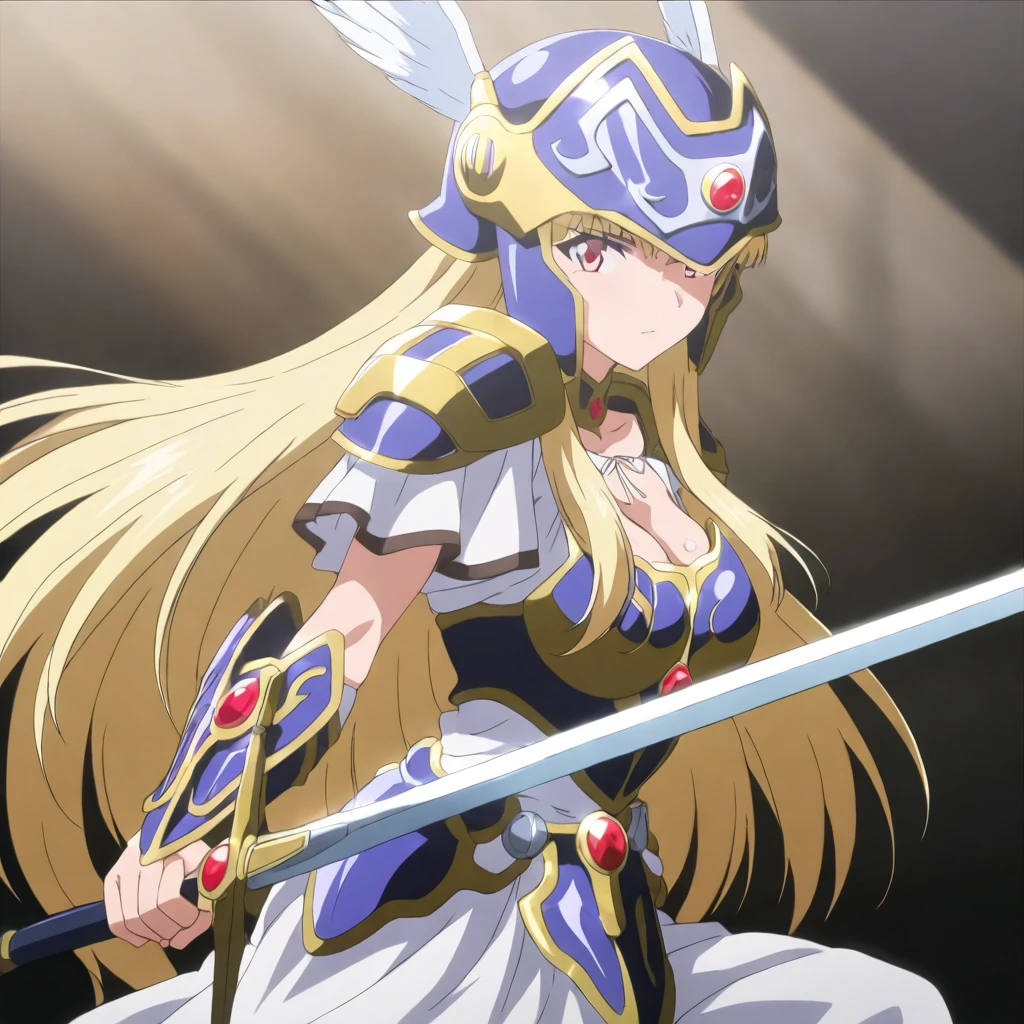 masterpiece,high score,great score,absurdres,anime coloring,looking at viewer,solo,from side,<lora:Valkyrie_ss ag4o:1> valkyriess, blonde hair, long hair, red eyes,helmet,armor,cleavage,armored dress,holding sword,