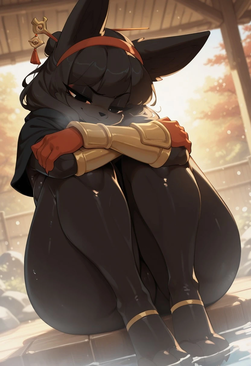 ashraely, masterpiece, best quality, newest, absurdres, highres, furry, anthro, furry female, paws, claws, pawpads, undershirt, black , hair stick, hugging knees, gauntlets, eyeshadow, red gloves, two sides up, black capelet, red hairband, black eyes, 1girl, solo, visible breath, dynamic angle, foreshortening, smell, steam, onsen, water, toeless legwear,