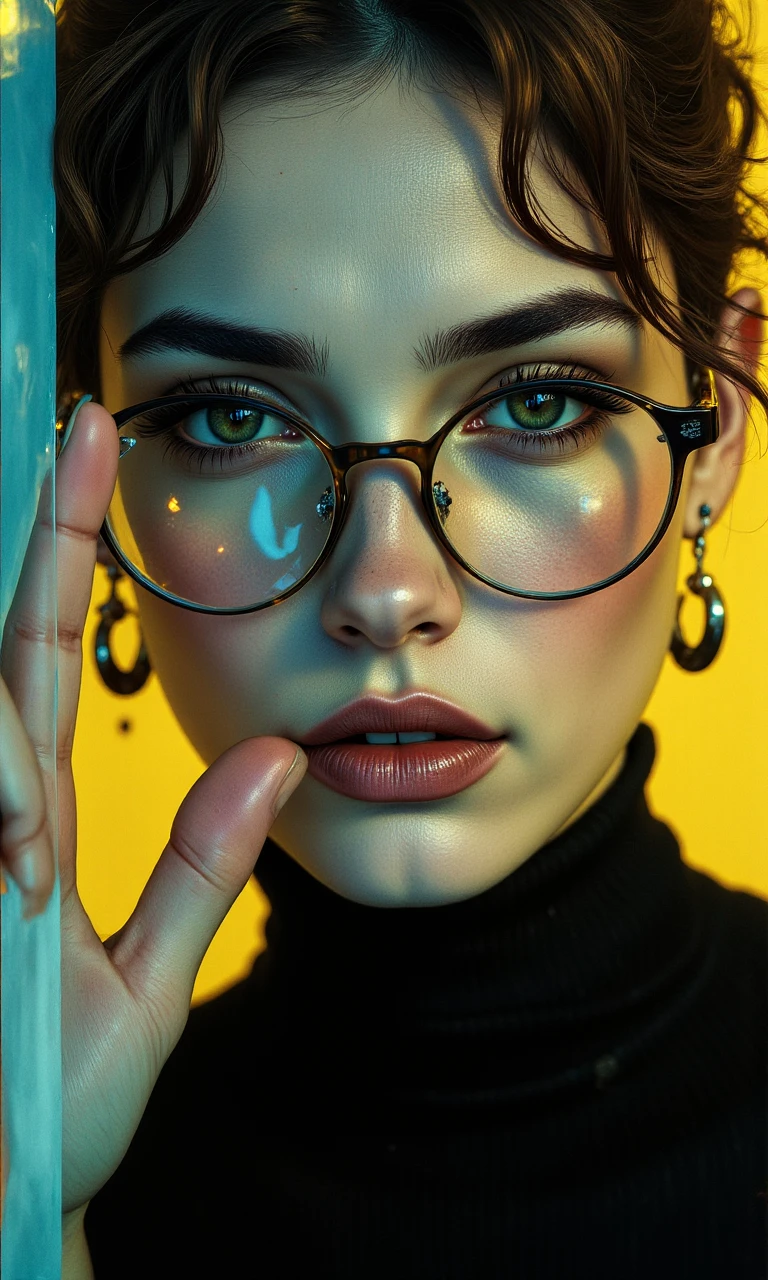 LookDaal,
black-and-white fine art photograph look, head-and-shoulders portrait, slight head tilt ,adult scientist woman, curved triangle (rounded jaw), deep blue eyes, hooded eyelids, straight brows, deep brown skin with luminous highlights, minimal makeup, natural skin texture, chestnut brown hair, messy bun with loose strands, curious, engaged look, downcast eyes, reflective, reaching toward window light, high-key, clean even lighting, dreamy blurred skyline, black dress, simple silhouette, small hoop earrings, adjusting glasses mid-thought, yellow-and-blue color block,