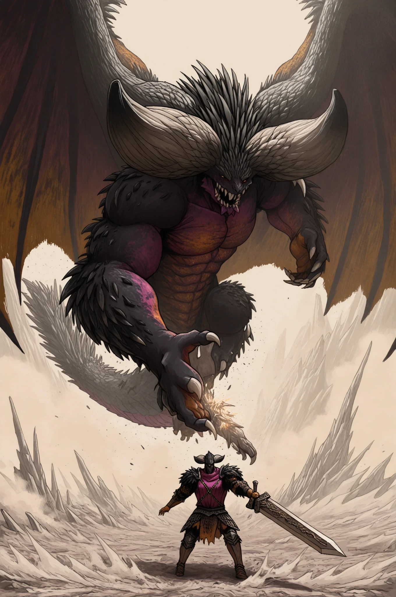 masterpiece,amazing quality,best quality,ultra-detailed,8K,illustration,CG, ultra-detailed-eyes, detailed background, Turf war , Nergigante, elder dragon, black spikes, red wings, terrifying presence, volcanic battlefield, (humanoid hunter:1.2), armored warrior, wielding greatsword, human proportions, epic duel, dynamic standoff, cinematic composition, sparks, dust clouds, Elden Ring style, ultra-detailed, dark fantasy, dramatic lighting
