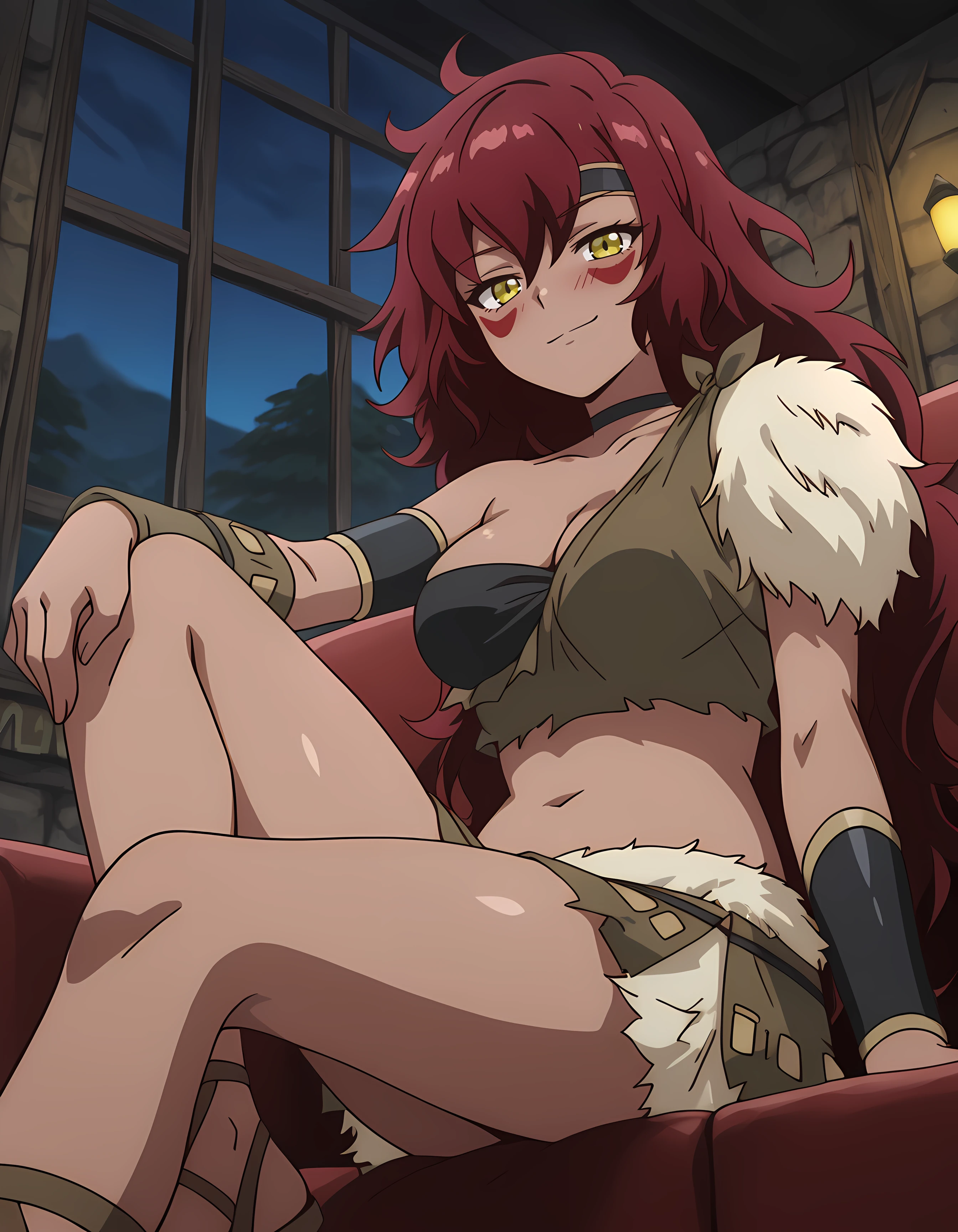 best quality, masterpiece, indoors, couch, window, night, 
Sus0r4, 1girl, dark skin, tribal, red hair, very long hair, messy hair, hair between eyes, yellow eyes, red facepaint, black headband, medium breasts, collarbone,
black choker, black bandeau, cleavage, fur, rags, brown crop top, fur trim crop top, single off shoulder,  midriff, navel, armlet, bracelet, brown miniskirt, fur trim miniskirt, brown sandals,
looking at viewer, blush, smile, smirk, closed mouth,
sitting,
from below, from side, 
 <lora:Susora:1>