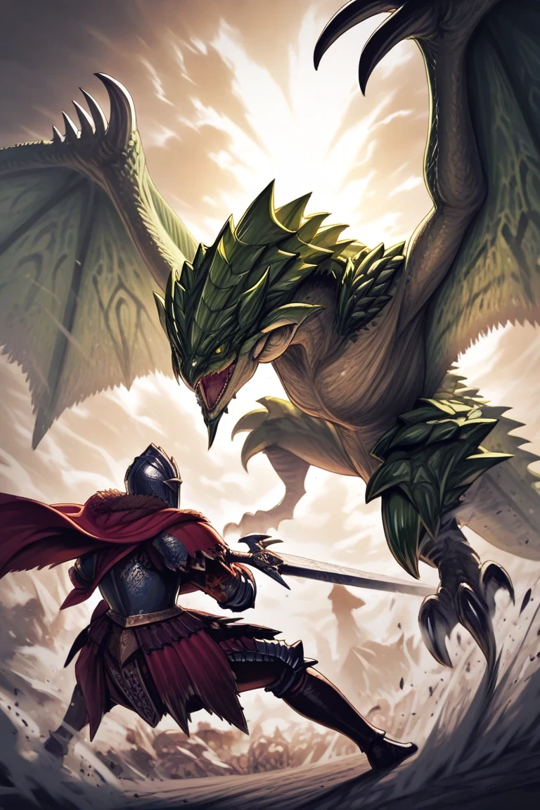 masterpiece,amazing quality,best quality,ultra-detailed,8K,illustration,CG, ultra-detailed-eyes, detailed background, Turf war, mhrath , epic duel, humanoid hunter vs Rathian, wyvern queen, emerald-green scales, giant wings spread wide, venomous claws, fierce roar, humanoid warrior in ornate Monster Hunter armor, realistic human proportions, wielding massive greatsword, hunter battle stance, dust storm swirling, dynamic action, tense cinematic standoff, humans vs monster, dramatic size contrast, fantasy battlefield, Elden Ring style atmosphere, ultra-detailed digital painting, powerful confrontation, realistic anatomy, epic scale
