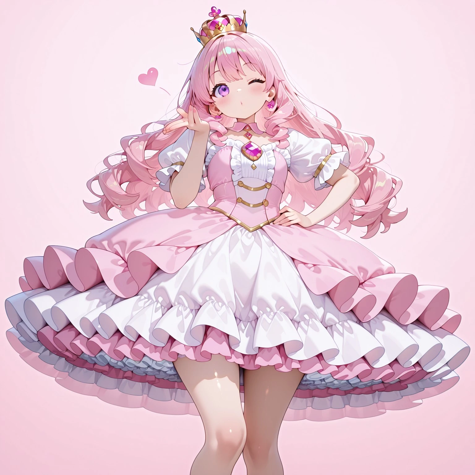 masterpiece,extremely detailed,best quality,amazing quality,newest,absurdres,highres,1girl, solo, , petticoat, a fluffy frilly ruffled petticoat, full petticoat, wide skirt, pink princess outfit, layered ruffles and frills, decorative gold accents, diamond-shaped jewel accents, pink puffy sleeves, light pink, golden detailing, (curly pink hair:1.2) , pink crown,wink, blowing_kiss, blowing_kiss with one hand and put the other hand on hip, knees together feet apart,standing, BREAK no background,