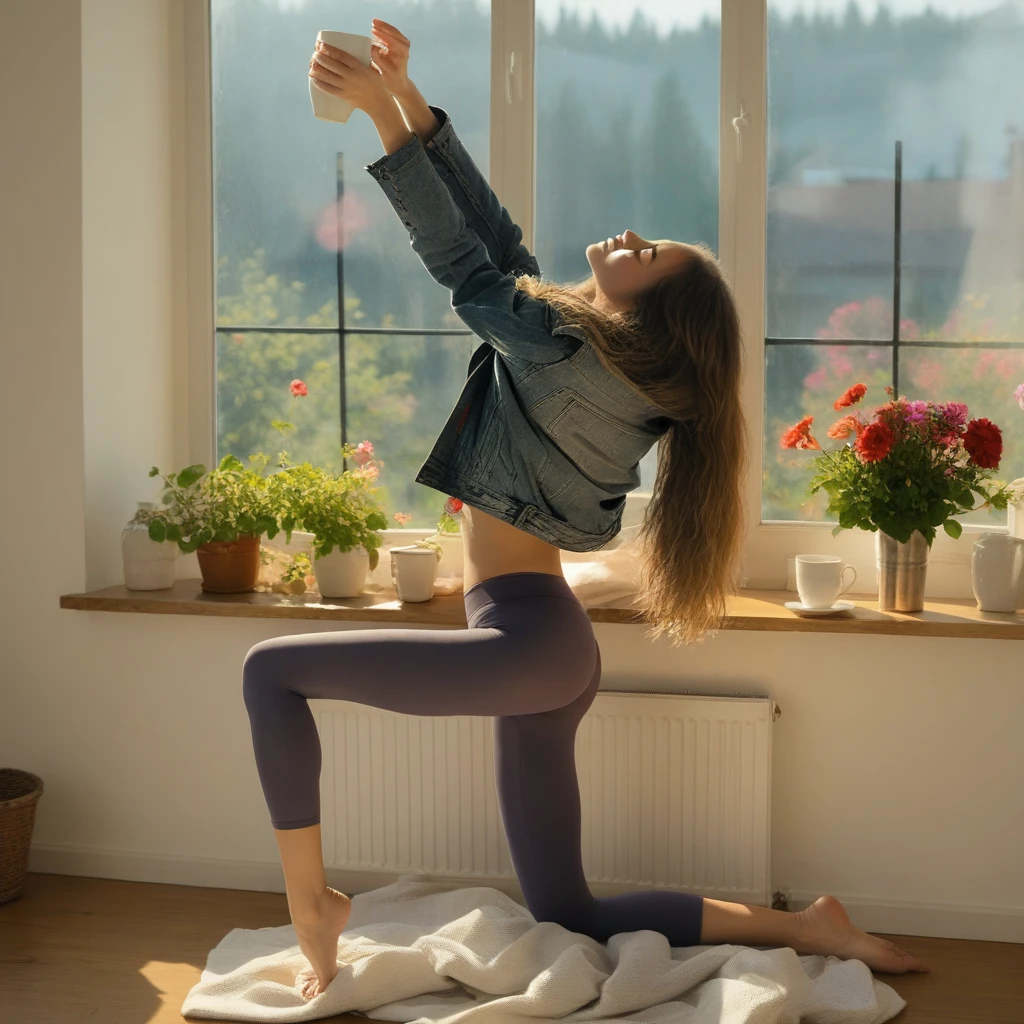 underwear, denim jacket, jacket, flower, cup, long hair, window, barefoot, closed eyes, stretching