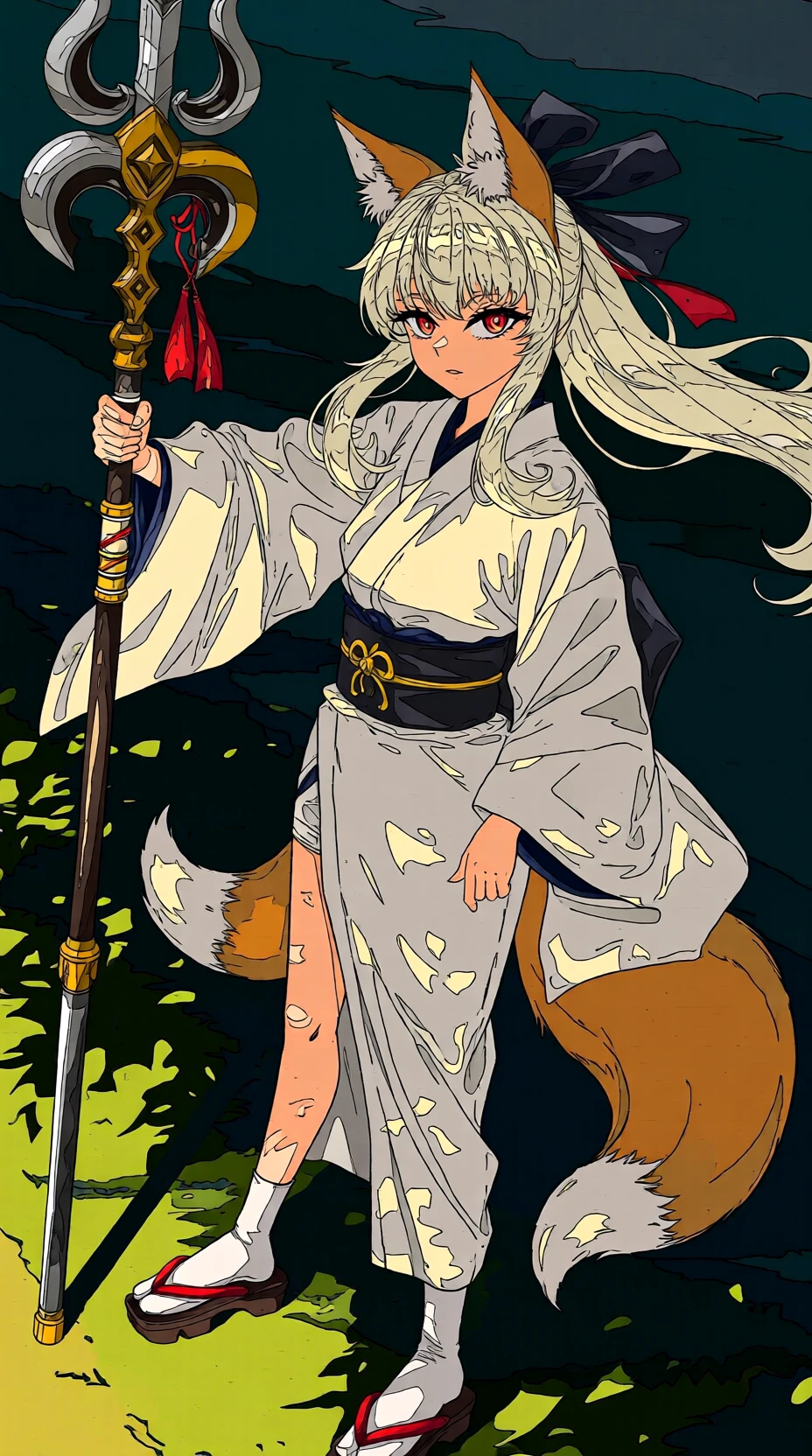 ligne claire, blending, 
artist:[artdroiiid ii|cogecha|seraphitalg|xtango|yu yin],
1girl, holding polearm, glaive \(polearm\), red eyes, long eyelashes, animal ear fluff, fox ears, solo, japanese clothes, white socks, geta, white hakama, narrow waist, ponytail, long hair, shadow, looking at viewer, white hair, hair ribbon, parted lips, colorful, traditional media, outdoors, dutch angle, 
absurdres, masterpiece, best quality, very aesthetic