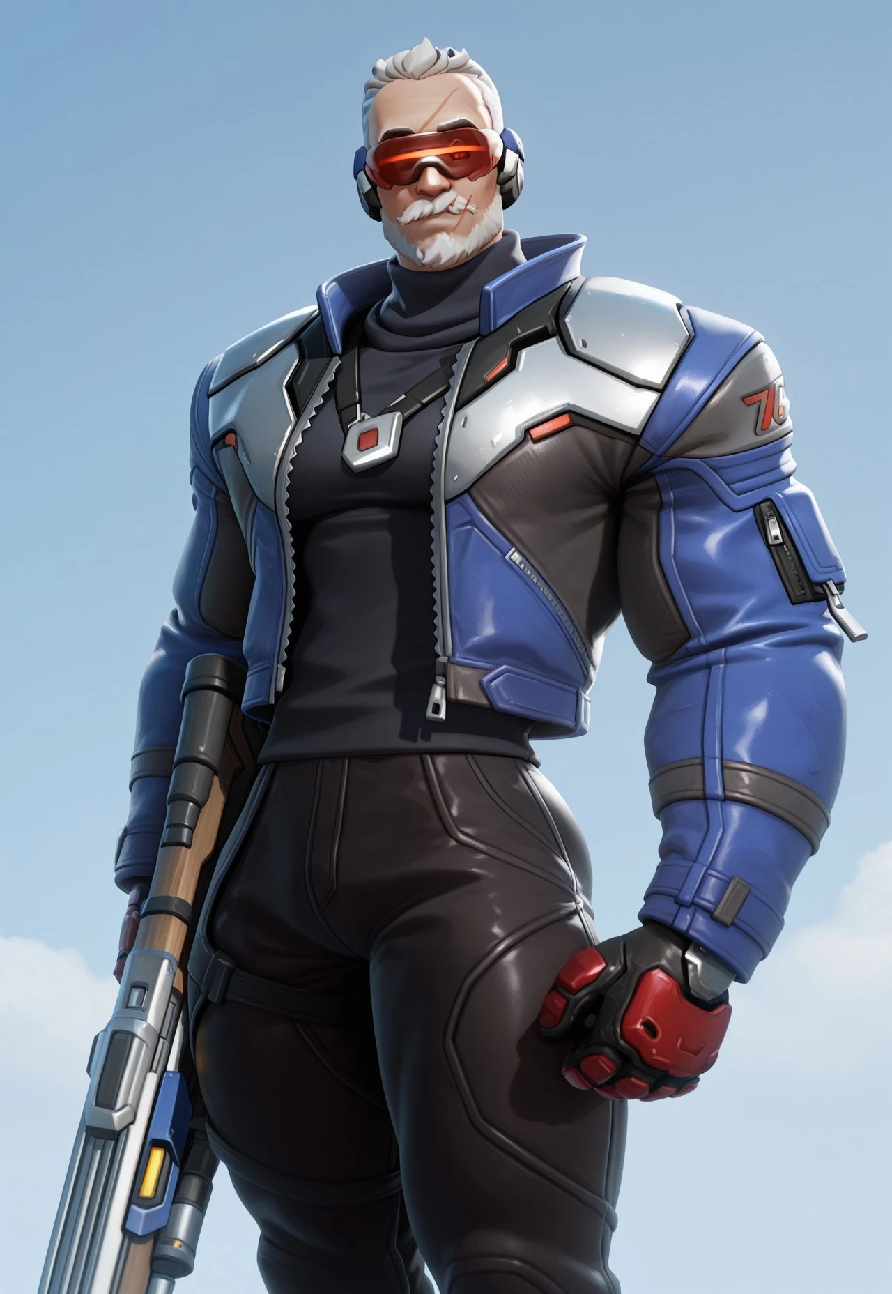 3d, realistic, (1boy, soldier: 76 \(overwatch 2\), new76, very short hair, white hair, sideburns, quiff, beard, mustache, scar on face, scar on mouth, visor, ear guard), (masculine, muscular, bara, himbofication, broad shoulders, big arms, large pectorals, small waist, v-taper, thick thighs, curvy body, (jacket, black shirt, turtleneck, black pant, open jacket, gloves), battleground, holding a rifle, looking at viewer, dynamic action, very awa, masterpiece, best quality, absurdres, detailed background, newest, perfect quality, intricate details