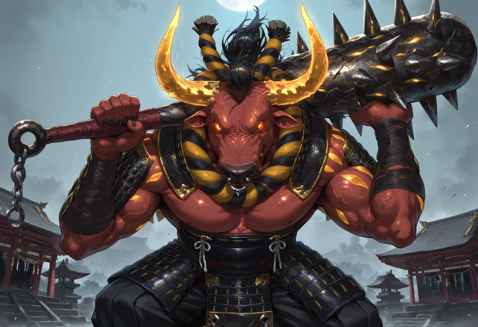 masterpiece, best quality, perfect quality, absurdres, newest, very aesthetic, very awa, 1boy, GozukiNIOH, bull, golden horns, furry male, undead, demon, solo, black hair, nose ring, red skin:1.2, yellow body pattern, monster, glowing red eyes, fangs, glowing red eyes, holding weapon over shoulder, spiked club (weapon). muscular, japanese armor,  temple <lora:Gozuki_-_Nioh_2:.9>  <lora:NOOB_vp1_detailer_by_volnovik_v1:1>
