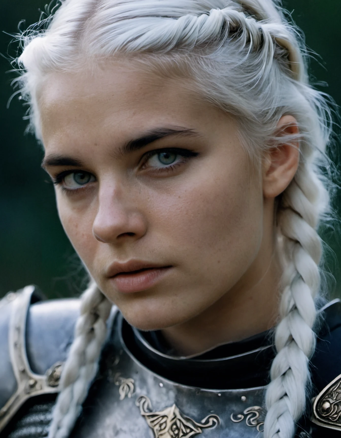 cinematic film still, young girl, fierce, braided hair, white hair, mysterious, alluring white eyes a paragon of beauty, armor, shallow depth of field, vignette, highly detailed, high budget, bokeh, cinemascope, moody, epic, gorgeous, film grain, grainy, Photo realistic,, RAW candid cinema, 16mm, color graded portra 400 film, remarkable color, remarkable detailed pupils, shot with cinematic camera, black eyeliner