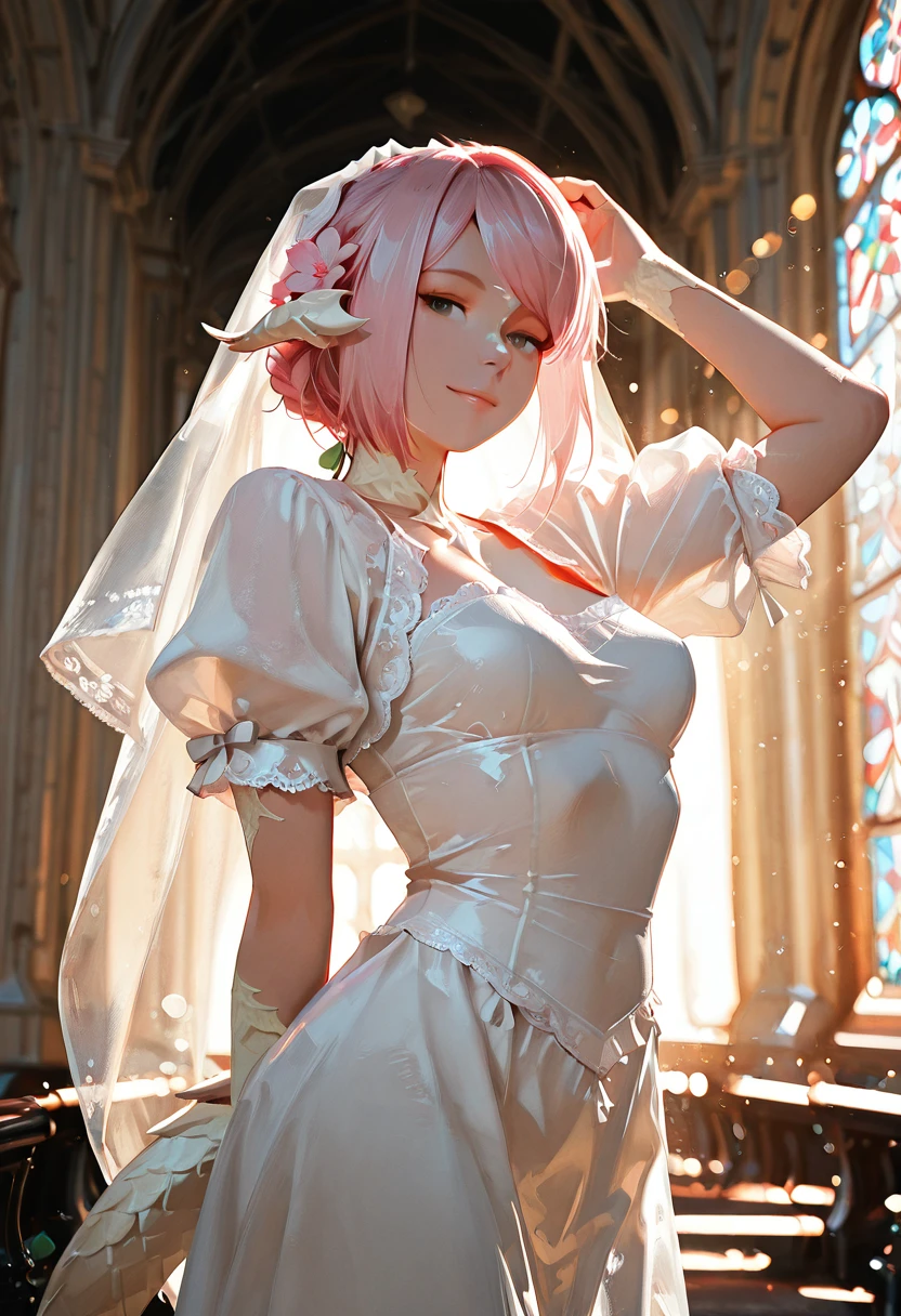 sarnai, au ra, upper_body, elegant_pose, long_dress, flowing_fabric, cathedral_background, stained_glass, sunlight_rays, (ethereal_beauty:1.3)