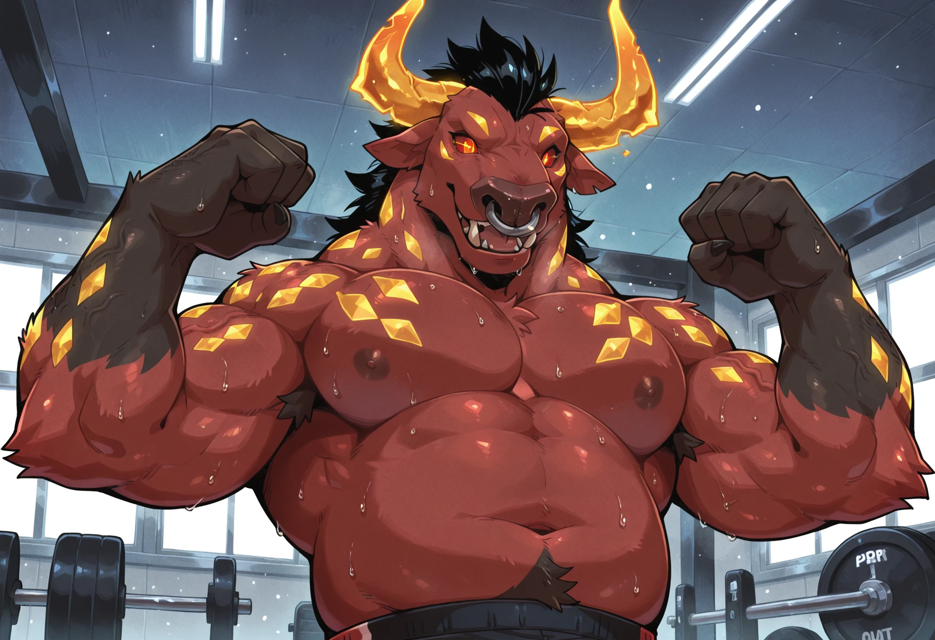 masterpiece, best quality, perfect quality, absurdres, newest, very aesthetic, very awa, 1boy, GozukiNIOH, bull, golden horns, furry male, undead, demon, solo, black hair, nose ring, red skin:1.3, yellow body pattern, monster, glowing red eyes, fangs, glowing red eyes, flexing. muscular, upper body, shirtless, indoors, pecs, gym, belly, low angle <lora:Gozuki_-_Nioh_2:.9>  <lora:NOOB_vp1_detailer_by_volnovik_v1:1>