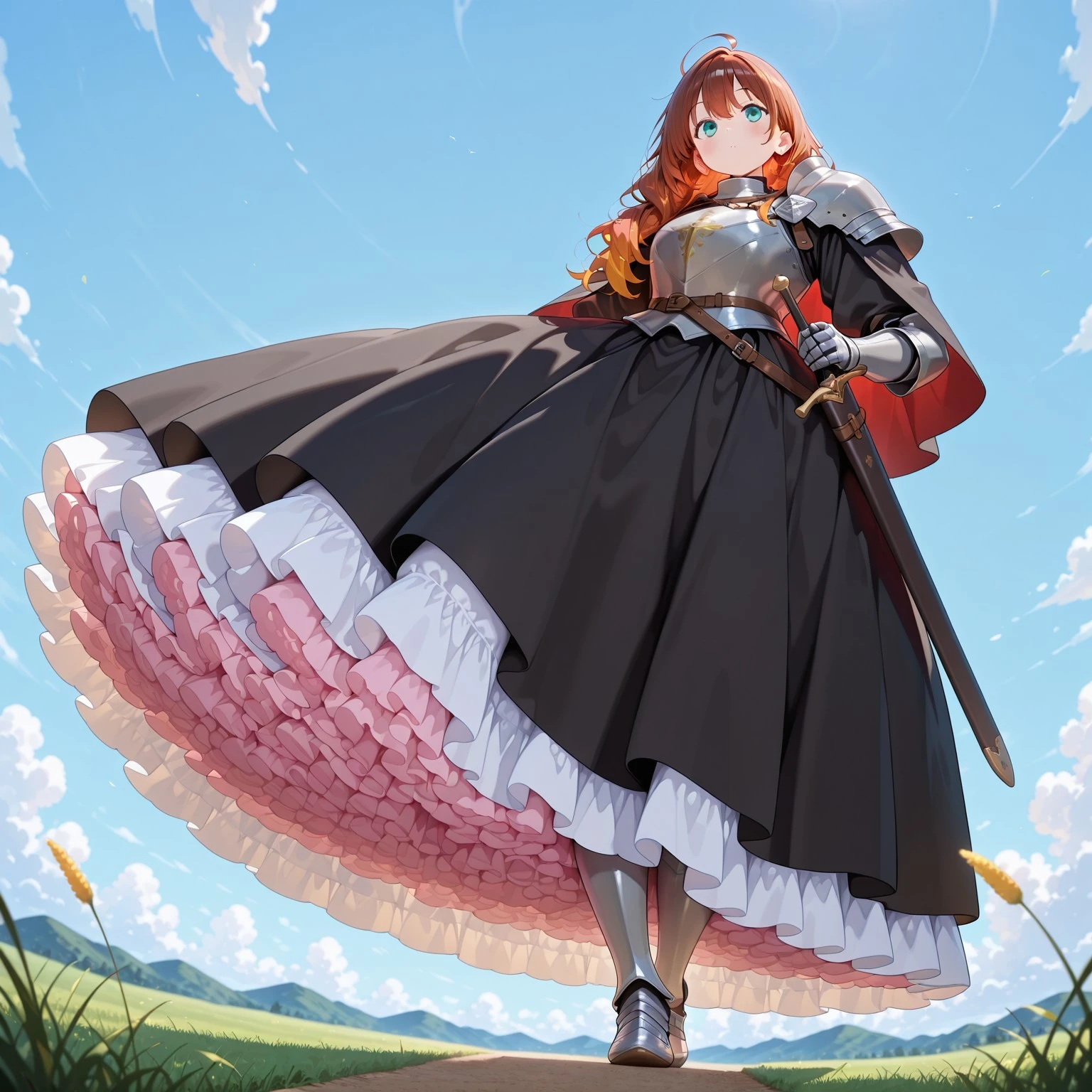 masterpiece,extremely detailed,best quality,amazing quality,newest,absurdres,highres,1girl, solo, , petticoat, a fluffy frilly ruffled petticoat, full petticoat, wide skirt, detailed face, knight,armor,pauldrons,capelet,long skirt,sheath,outdoors, from below BREAK no background,