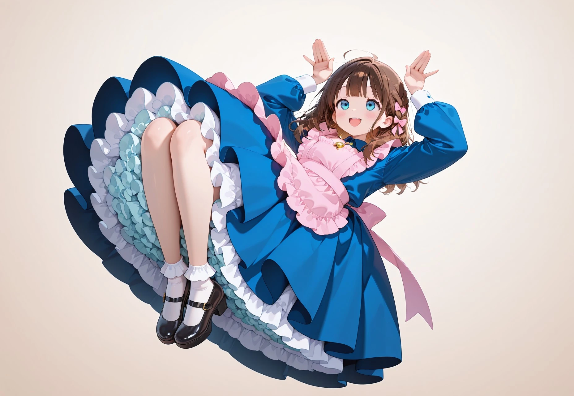 masterpiece,extremely detailed,best quality,amazing quality,newest,absurdres,highres,1girl, solo, petticoat, a fluffy frilly ruffled petticoat, full petticoat, wide skirt, detailed face, short brown hair, blue eyes, pink bow, bangs, blunt bangs,long sleeves, dress, frills, puffy sleeves, apron, blue dress, gold pendant,white socks, black Mary Jane shoes.open mouth, rabbit pose, :d, Jumping, energetic, youthfull, dynamic, knees bend,in the sky, BREAK dynamic_angle,cinematic angle , no background