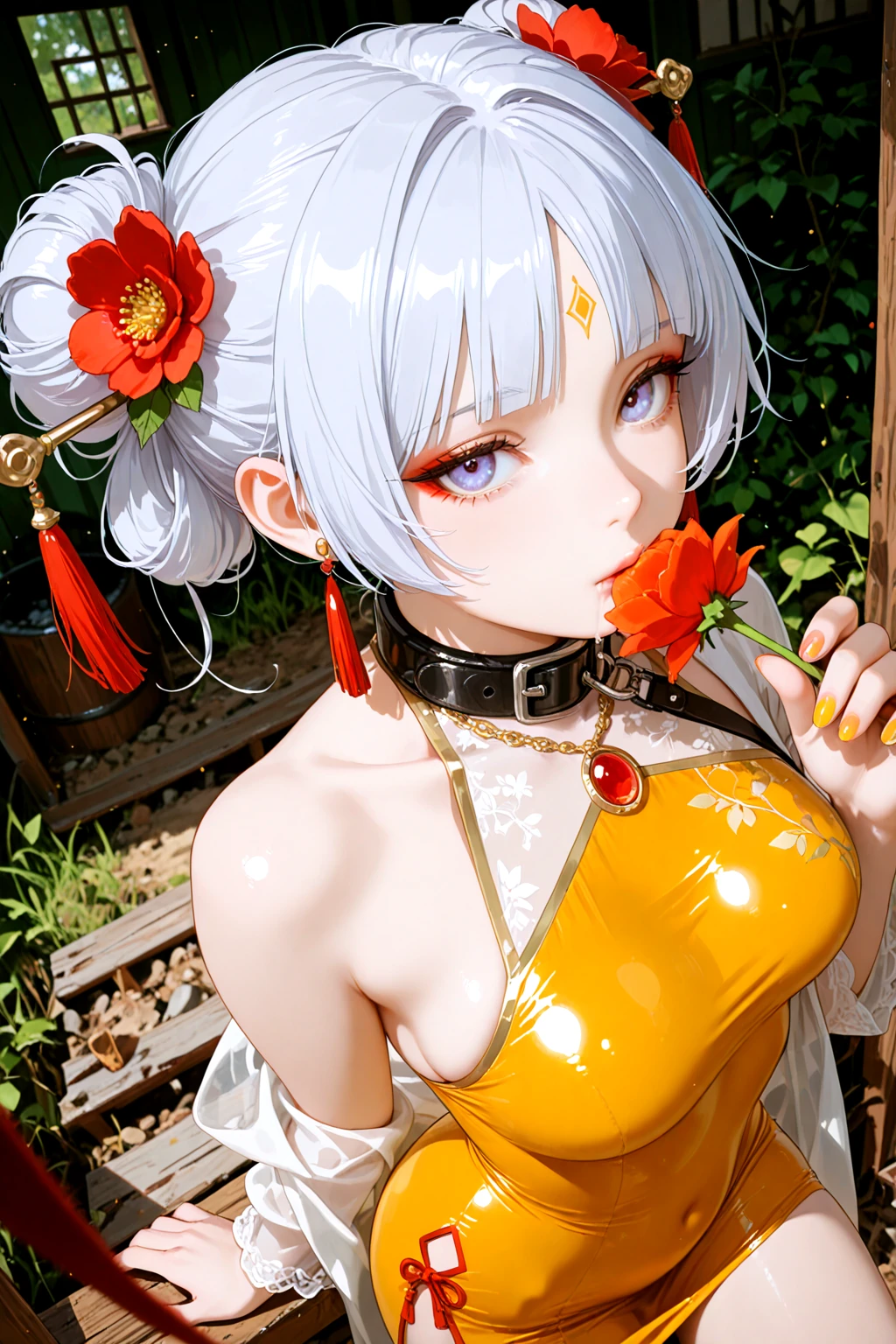 masterpiece,best quality, highres,sharp focus, film grain, Cinematic,8k, realistic with anime style, NSFW, uncensored, smooth shading, glossy surfaces,colorful depth, lens flare,natural lighting, dramatic lighting, particles, Visual impact,scenery, Emotionalization, fashion style, absolutely eye-catching,
A breathtakingly erotic human girl, solo, Extremely provocative and intensely erotic, slender waist, detailed eyes,flat, (looking at viewer:1.3), completely nude, sideboob,
perspective,fisheye lens,blurry,photo background,1girl,solo,sousou no frieren,frieren,earrings,chromatic aberration,messy hair,elf,pointy ears,twintails,white hair,white shirt,fashion,cool girl,pose,holding flower,good hands,scenery,outdoors,nature,leaf,wind,tassel,blunt bangs,large breasts,nail polish,covered mouth,tassel earrings,jewelry,hair flower,hairclip,long sleeves,hair stick,collarbone,pale skin,gem,facial mark,forehead mark,necklace,tattoo,shawl,neck tattoo,outdoors,,(eyeliner, makeup:1.331),butterfly,garden,falling,
A NSFW scene, set in (Abandoned Farmstead in the Countryside:1.5),
featuring a subject in (The sex slave is being humiliated and trained play while laying:1.5),
bound with jeweled clamps, Clamps with decorative gems., genital rings, Decorative rings for genitals.,
(ballgag,drool,drooling,metal collar, leash to the collar),(skin-tight 70 percent transparent see-through yellow Chinese Sexy dress:1.5),
displaying Vomiting, Sudden expulsion of stomach contents., with a Sorrowful, Eyes downcast, lips trembling, deep sadness.
(filmed at Back High Angle, Close-Up shot:1.5),