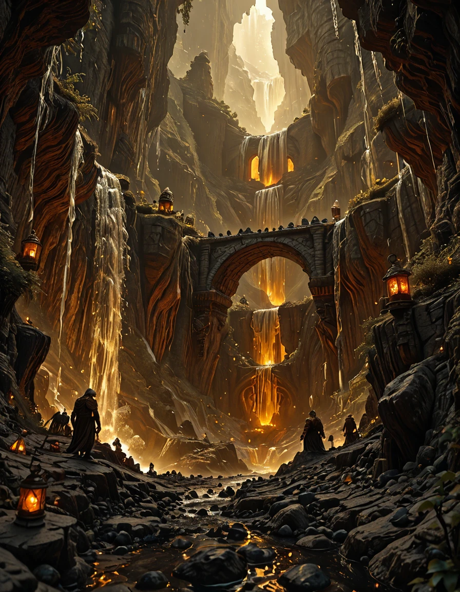 <lora:MW_Dwarven_betaill:1> stone bridges spanning across deep chasms, dwarves walking with lanterns, waterfalls cascading into the abyss, homes carved into cliff sides, glowing windows, epic scale, cinematic perspective, fantasy underground metropolis, dwarven engineering marvel, mist rising from below