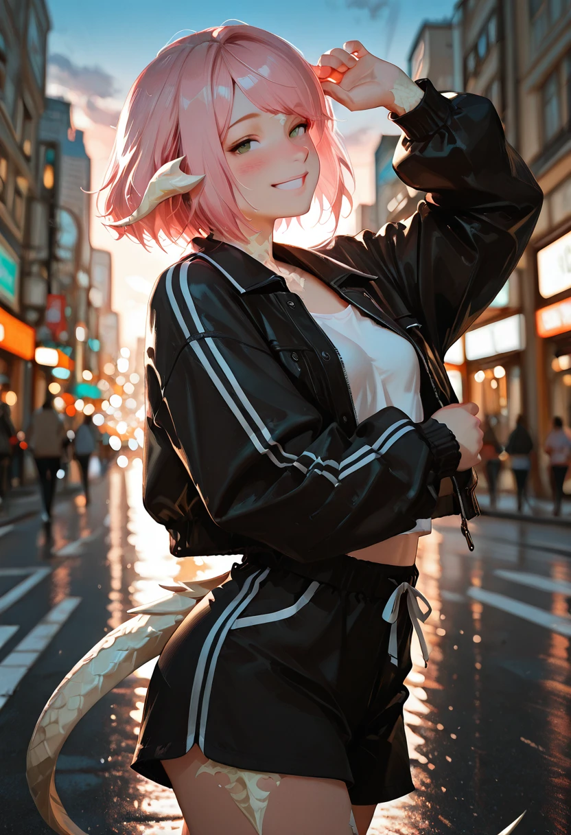 sarnai, au ra, walking_pose, casual_streetwear, jacket, shorts, city_background, dusk, dramatic_lighting, upper_body, looking_at_viewer, (blush:1.2), smile,