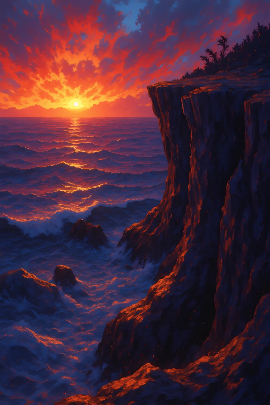 A vast cliffside overlooking a roaring ocean at sunrise, jagged rocks jutting from the sea as waves crash against them. The sky is a chaotic storm of bright orange, searing violet, and smoky indigo, with brutal digital brushstrokes tearing across the horizon. The light reflects off the wet stone with an unnatural saturation. The ocean below is both painterly and textured, full of smeared streaks and thick strokes, with the background disappearing into abstract mist.
PaintStorm-style: chaotic brushwork, surreal color contrasts, digital painterly seascape, textured realism with abstract sky violence
PaintStorm-Mk.1