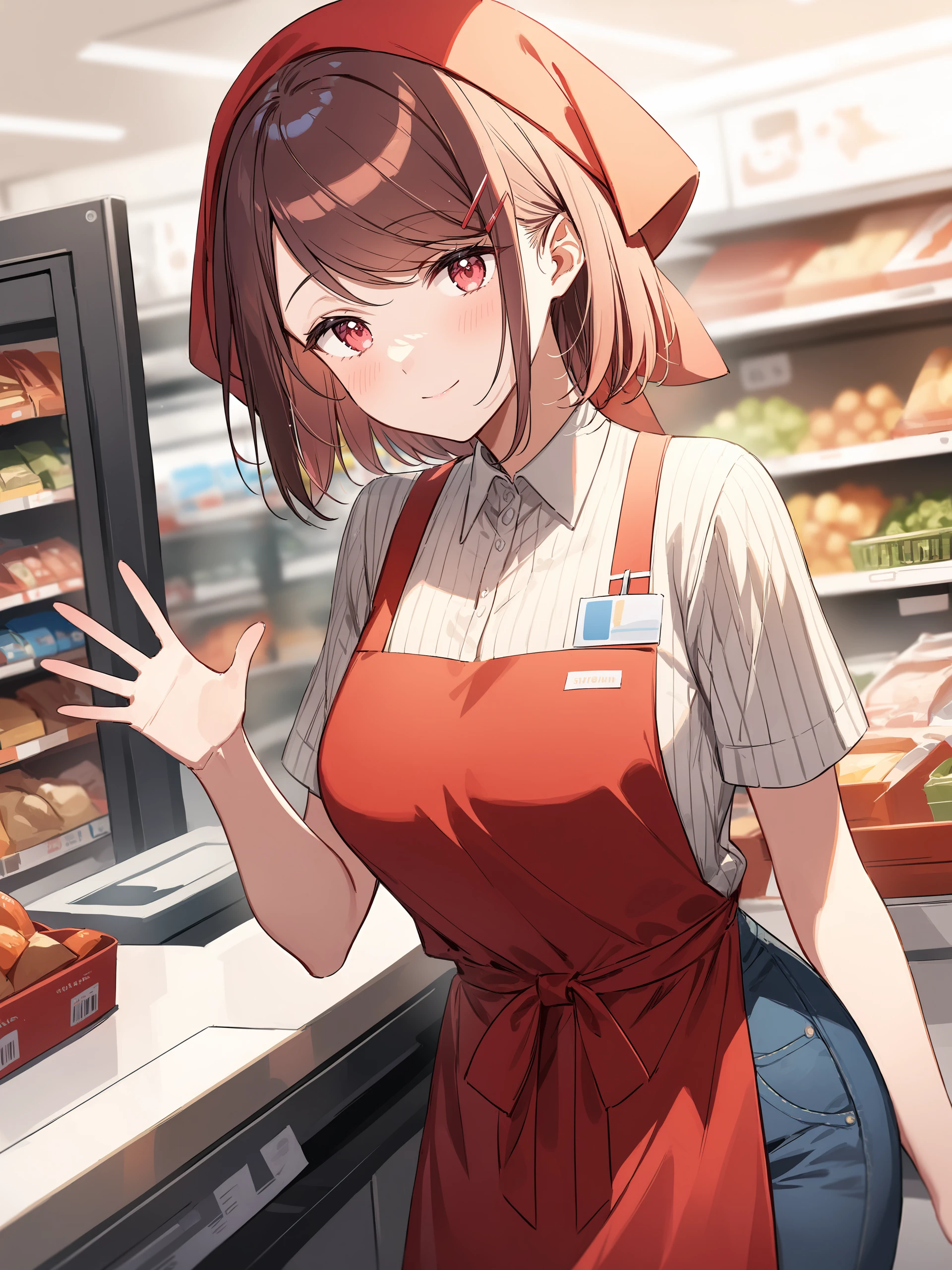 illustration, incredibly absurdres, ultra detailed, masterpiece, best quality, perfect features, intricate details, ray tracing, very aesthetic, (ask \(askzy\), hiten \(hitenkei\):0.6),  <lora:Char-SuperNoUraDeYaniSuuFutari-Yamada-V1-XL:0.9:hr=0.6>, 1girl, yamada, solo, swept bangs, hairclip, red headscarf, striped shirt, short sleeves, denim, jeans, apron, hood, red apron, long sleeves, looking at viewer, light smile, waving, standing, cowboy shot, supermarket, counter, cashier, indoors, depth of field