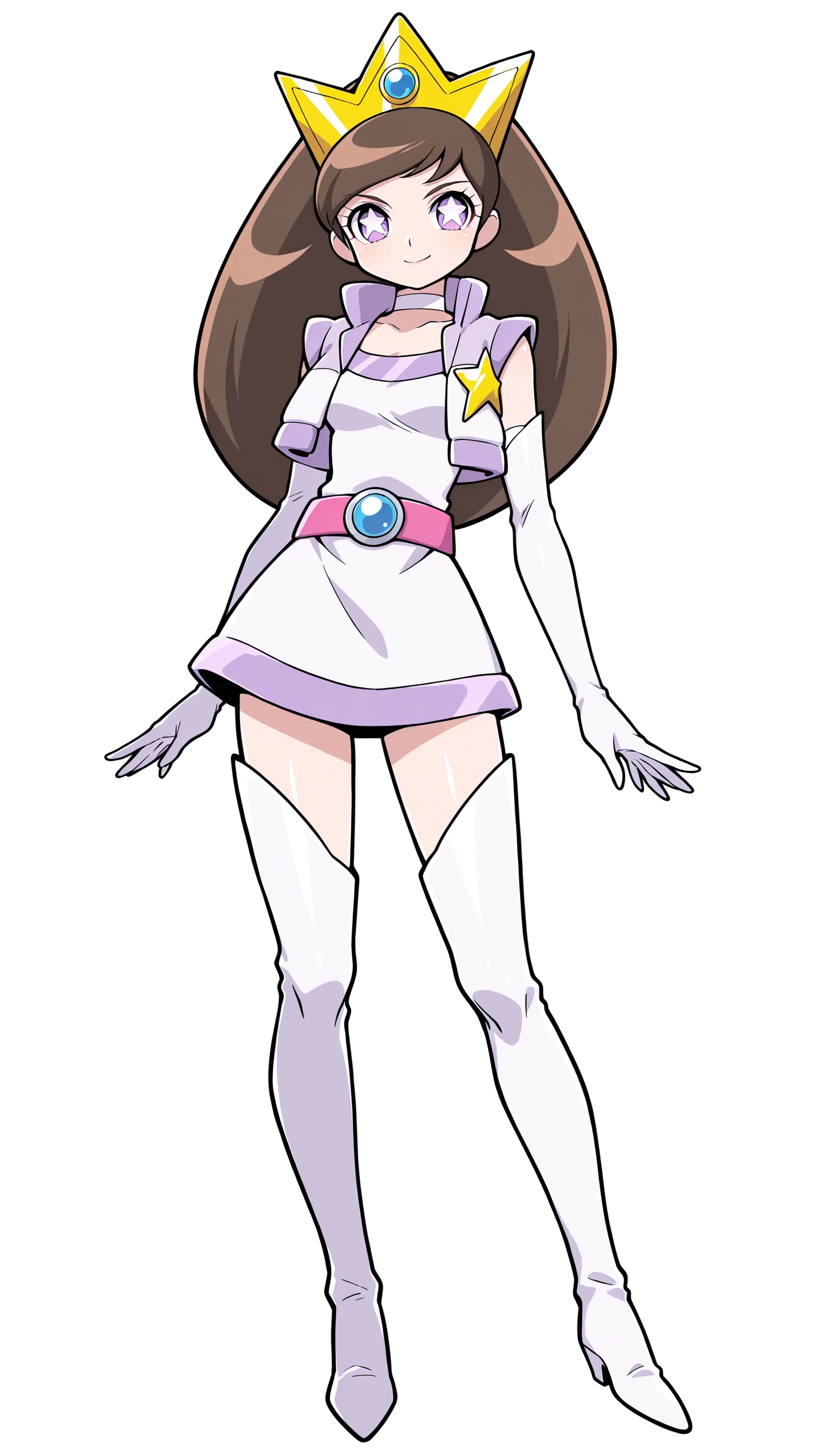 high quality, highly detailed, high res, best quality, masterpiece , solo, anime
(white background), white theme,simple background,Show less,
BREAK
<lora:mikoshirogane_IL_Lora_v1:1>
mikoshirogane, 1girl, solo, long hair, smile, brown hair, gloves, purple eyes, boots, elbow gloves, star, (symbol), thigh boots, crown, star-shaped pupils, white dress, white choker, blue gem in crown, vest, pink belt with purple star <lora:StS_Age_Slider_Illustrious_v1:3>