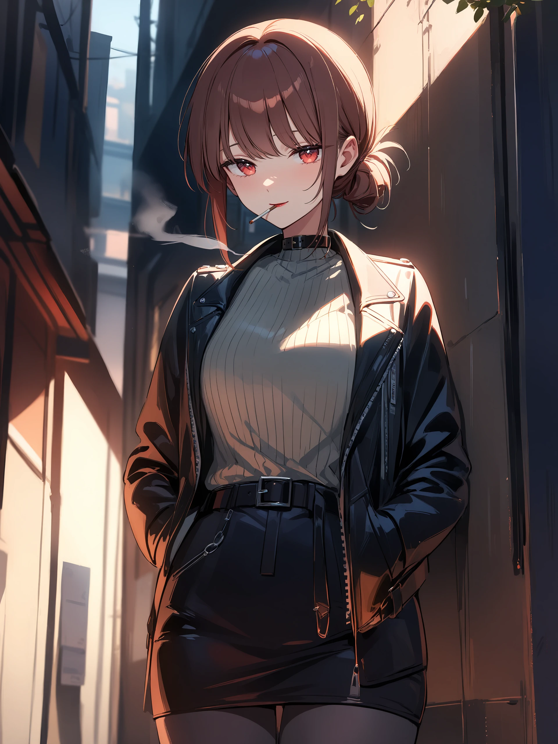 illustration, incredibly absurdres, ultra detailed, masterpiece, best quality, perfect features, intricate details, ray tracing, very aesthetic, (ask \(askzy\), hiten \(hitenkei\):0.6), <lora:Char-SuperNoUraDeYaniSuuFutari-Yamada-V1-XL:0.9:hr=0.6>, 1girl, yamada, solo, lipstick, folded ponytail, belt collar, turtleneck sweater, belt, leather jacket, oversized jacket, pencil skirt, grey pantyhose, standing, cowboy shot, leaning back, against wall, smoking, cigarette, mouth hold, looking at viewer, light smile, alley, outdoors, depth of field