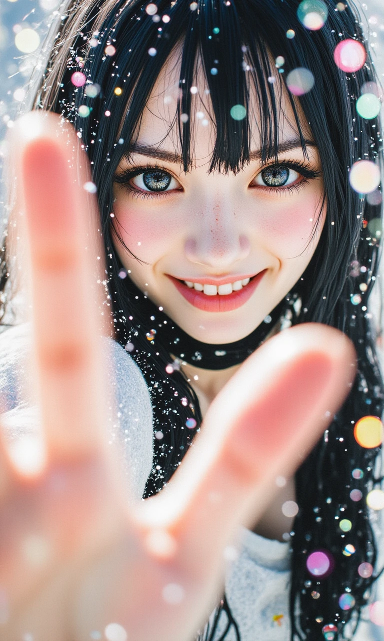 LookDaal,
a girl with long black hair and blue eyes looking through a window with her hand outstretched, surrounded by a flurry of colorful bubbles.